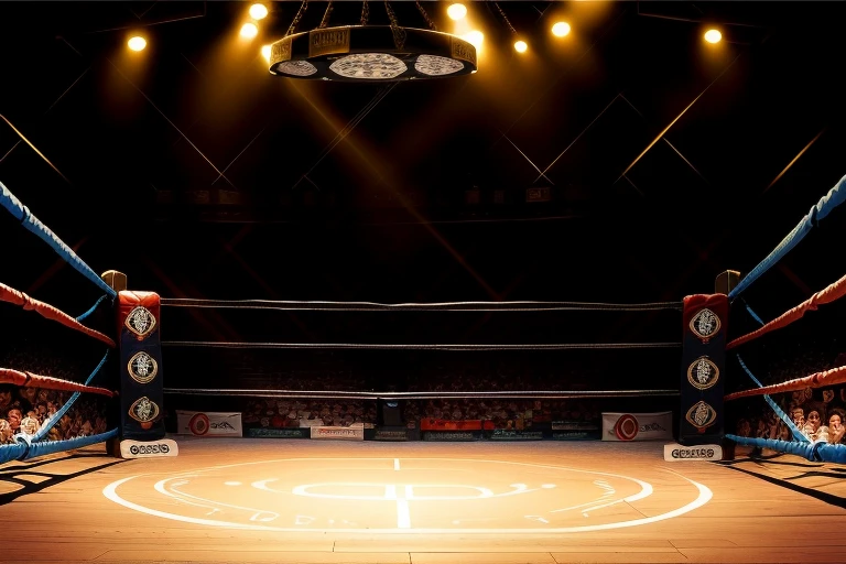 boxe ring with lights and ropes, boxe ring sol blanc coin blanc et sol blanc sol, fond d'  Boardwalk Hall Atlantic City, Ring de boxe avec le sol blanc et les coins blanc, scene background  Boardwalk Hall d'Atlantic City, toile de fond  Boardwalk Hall Atlantic City,  Boardwalk Hall  in a boxe ring,  boxe, boxe match, scene,  projecteur, barre d'arrière-plan Boardwalk Hall Atlantic City, spot et projecteur au plafond comme   fond dramatique, atmospheric perspective, glowing light, 8k, super detail, best quality, masterpiece