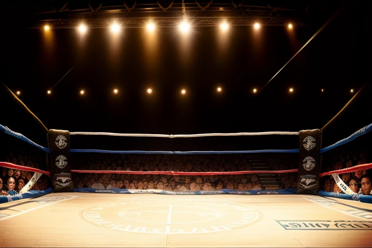 boxe ring with lights and ropes, boxe ring sol blanc coin blanc et sol blanc sol, fond d&#39;  Boardwalk Hall Atlantic City, Ring de boxe avec le sol blanc et les coins blanc, scene background  Boardwalk Hall d'Atlantic City, toile de fond  Boardwalk Hall Atlantic City,  Boardwalk Hall  in a boxe ring,  boxe, boxe match, scene,  projecteur, barre d&#39;arrière-plan Boardwalk Hall Atlantic City, spot et projecteur au plafond comme   fond dramatique, atmospheric perspective, glowing light, 8k, super detail, best quality, masterpiece