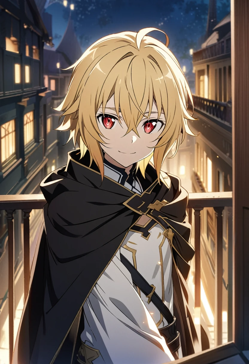Hyakuya Mikaela \(Sword Art Online\), short golden hair, ruby red eyes:1.2, black costume, bangs, gentle smile, black cape, ((ultra-detailed)), ((illustration)), ((neat hair)), (beautiful detailed eyes), male, 1boy, standing, ((balcony, night)), looking at viewer