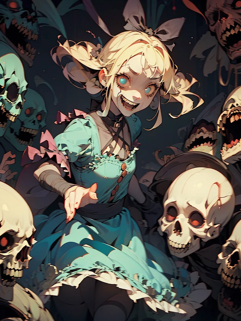 Gruesome and spooky details、An atmosphere full of suspense and tension、Psychological horror、Cute Smile、Mysterious and unsettling atmosphere、A terrifying moment、Nightmare scenario、Alice in Wonderland、Enthusiastic atmosphere、Mischievous Smile、Expressive gestures、Comical movement、Blonde、Light blue outfit
