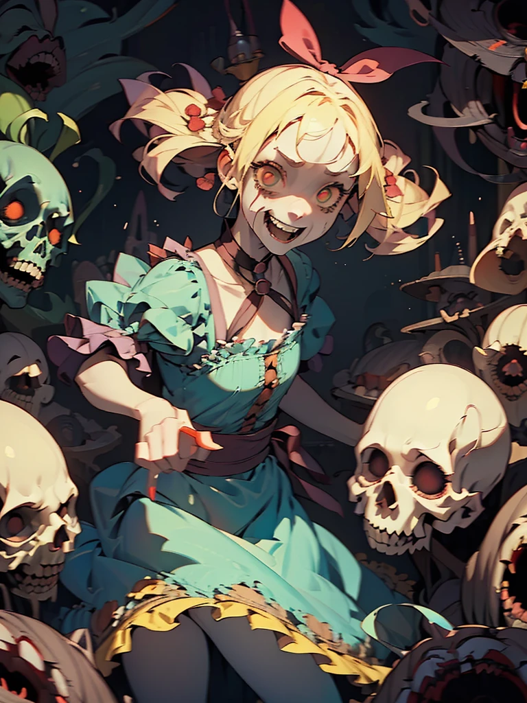 Gruesome and spooky details、An atmosphere full of suspense and tension、Psychological horror、Cute Smile、Mysterious and unsettling atmosphere、A terrifying moment、Nightmare scenario、Alice in Wonderland、Enthusiastic atmosphere、Mischievous Smile、Expressive gestures、Comical movement、Blonde、Light blue outfit
