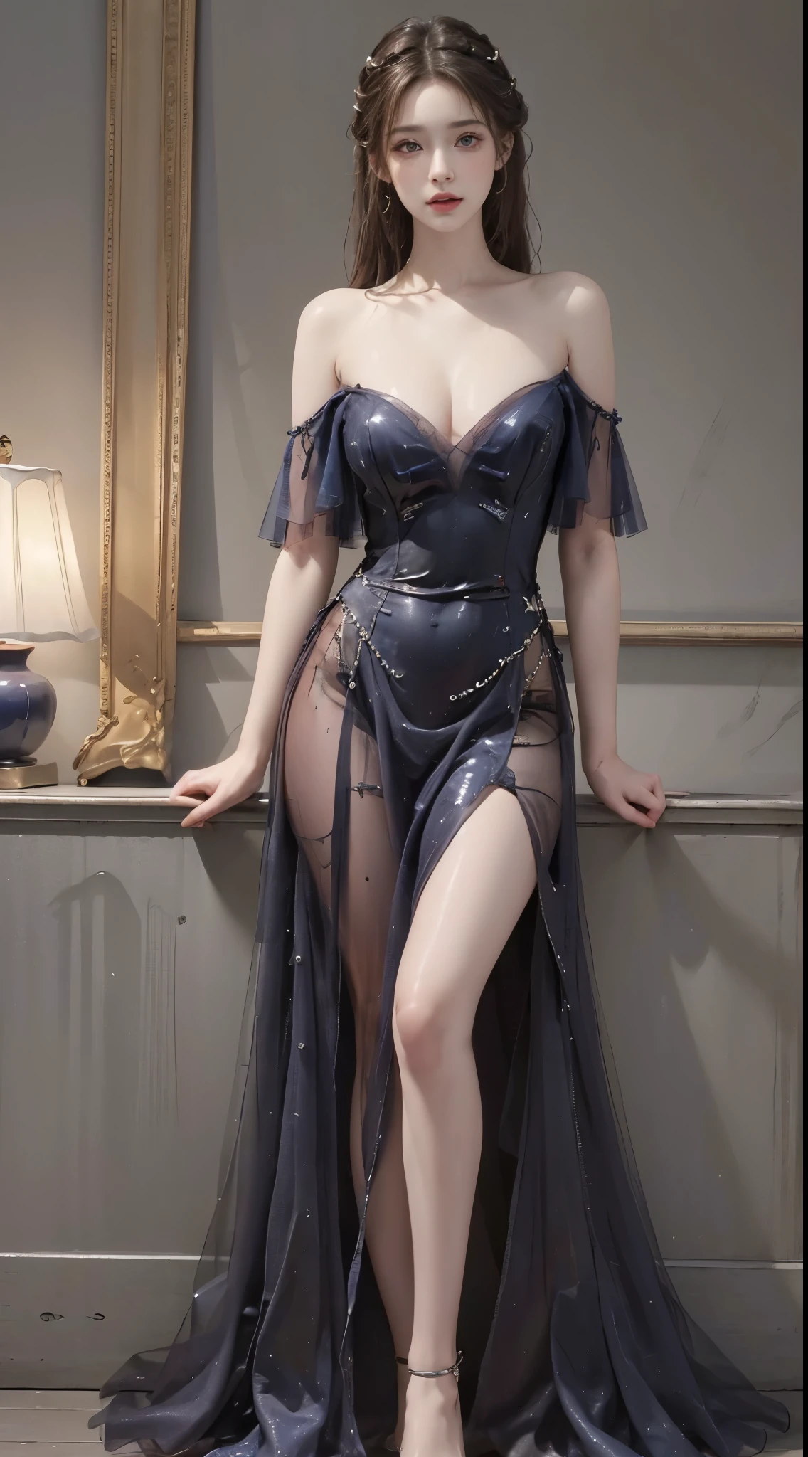 long dress,bare shoulders, ((full body)), ((from below)), ((Bare shoulder)), ((Elegant and charming posture, random view shots)), ((Sit on the couch)), realistic detailed photo of a giant breasted girl with exposed shoulders, detailed fingers, high quality skin, red eyes, alone in a winter scene with clouds, wind, and flowing hair, (best quality,4k,8k,highres,masterpiece:1.2),ultra-detailed,(realistic,photorealistic,photo-realistic:1.37),studio lighting,vivid colors