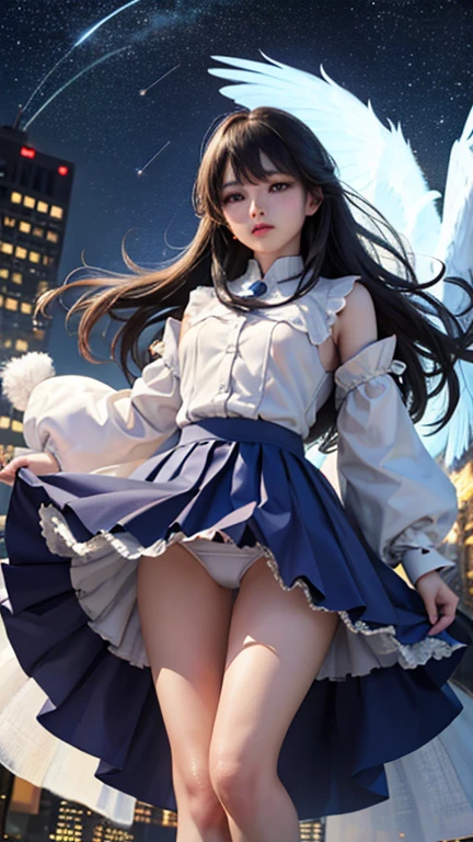 28 year old female。beautiful、City of night、Looking up at the stars in the sky、Serious face、Composition from below、Tons of stars、Place your hand on your 、Fluttering skirt、A small pair of white  is slightly visible