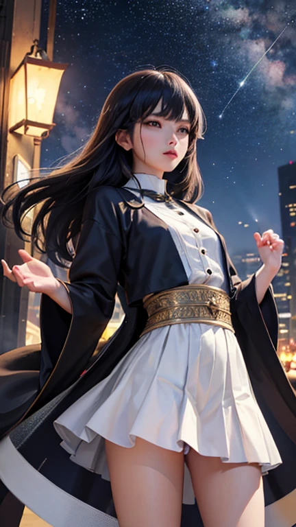 28 year old female。beautiful、City of night、Looking up at the stars in the sky、Serious face、Composition from below、Tons of stars、Place your hand on your chest、Fluttering skirt、A small pair of white panties is slightly visible
