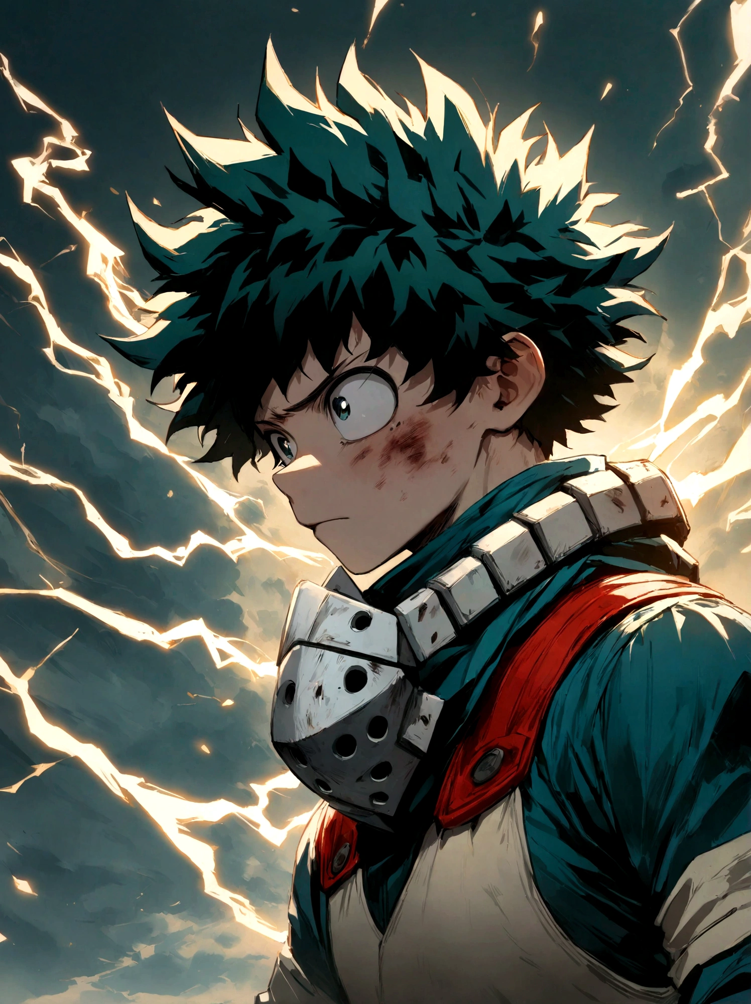 1boy, male focus, midoriya izuku, boku no hero academia, injury, electricity,, masterpiece, best quality, very aesthetic, absurdres
