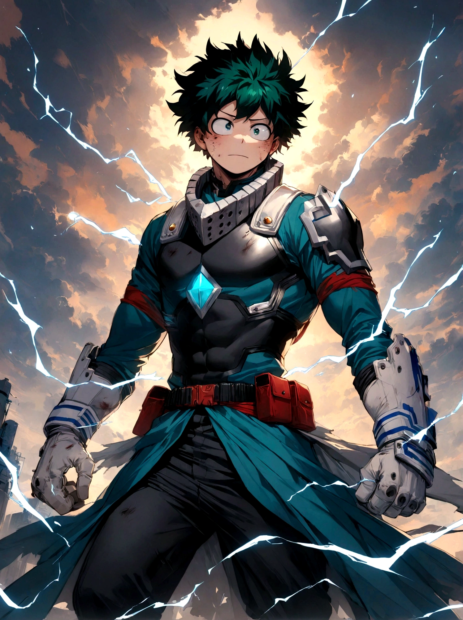 1boy, male focus, midoriya izuku, boku no hero academia, injury, electricity,, masterpiece, best quality, very aesthetic, absurdres