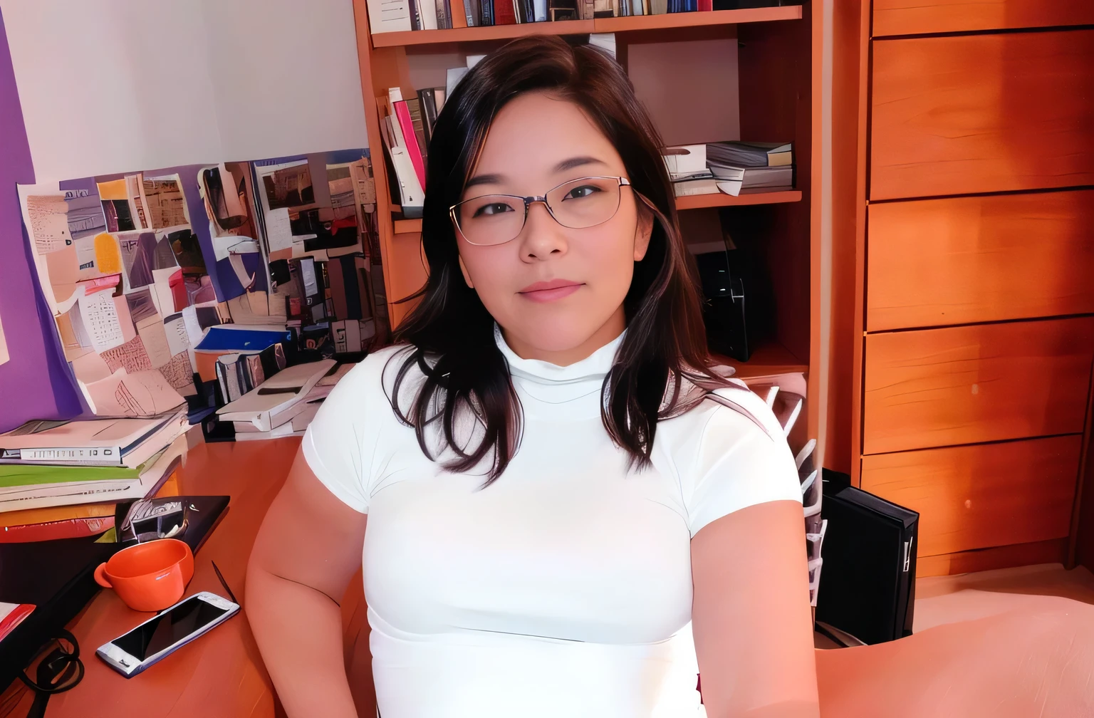 The image shows a woman sitting at a table. She wears glasses and has dark hair. In front of her on the table are several items, including what appears to be a laptop, a cell phone, and some books, papers, and electronic devices, indicating an active workspace. Behind her, a bookshelf filled with numerous books adds to the intellectual atmosphere of the room. The background suggests an indoor environment with shelves full of books and other objects, creating a cluttered appearance. Realistic photo.
The woman is wearing a white short-sleeved, turtleneck t-shirt.
A beautiful woman, with white skin and dark brown hair. She is about 45 years old, 165 cm tall and weighs 56 kg. She has a perfect mouth, medium breasts, a perfect face. Her body exudes glamor and her face is a definition of beauty. Slender body, thin waist. Highly realistic, hyperrealism, very elaborate skin. Clear photo, high resolution, high quality, masterpiece, 16K photo, high contrast, masterpiece, NUDE, NUDITY, NFSW.