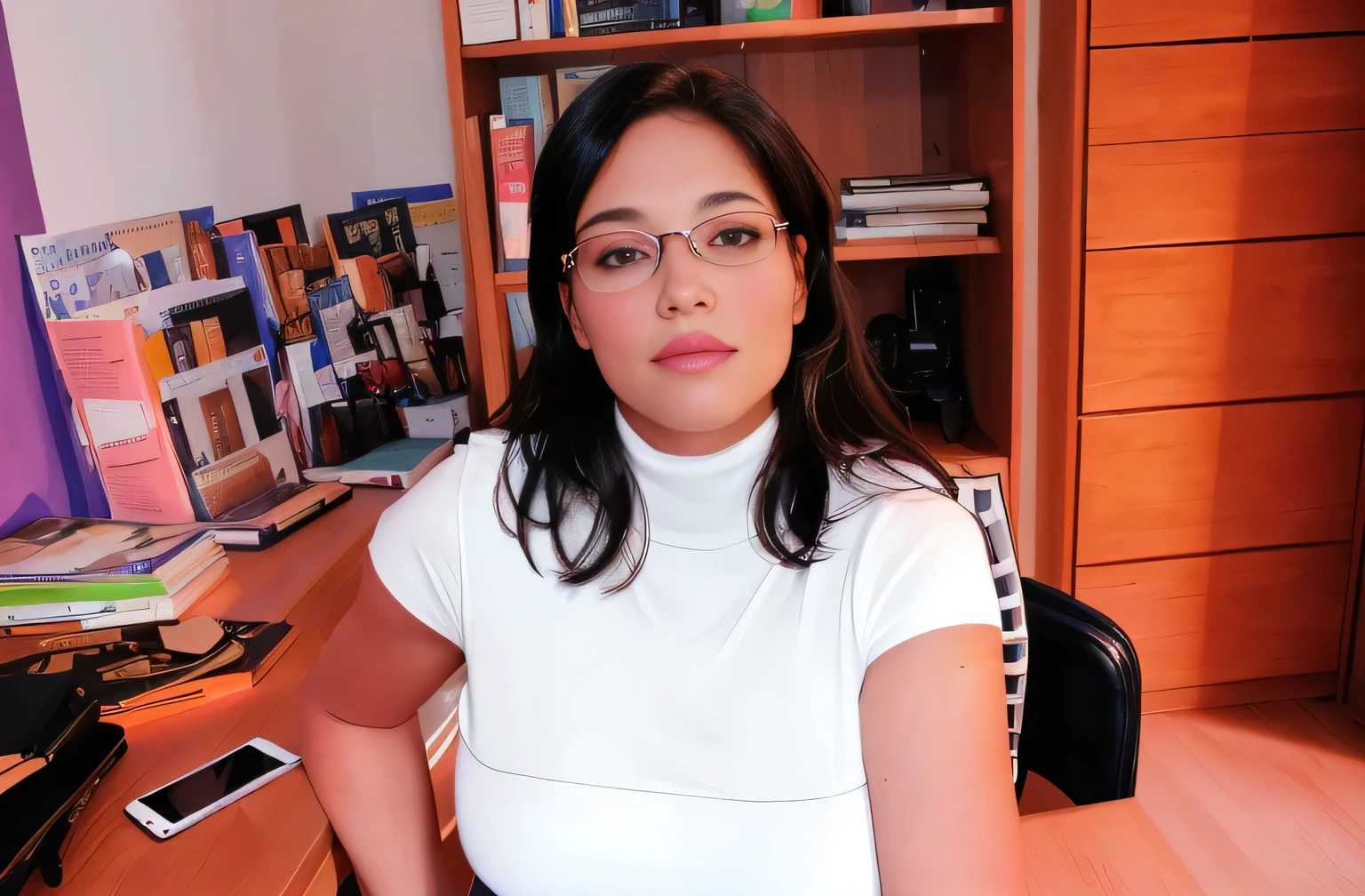 The image shows a woman sitting at a table. She wears glasses and has dark hair. In front of her on the table are several items, including what appears to be a laptop, a cell phone, and some books, papers, and electronic devices, indicating an active workspace. Behind her, a bookshelf filled with numerous books adds to the intellectual atmosphere of the room. The background suggests an indoor environment with shelves full of books and other objects, creating a cluttered appearance. Realistic photo.

The woman is wearing a white short-sleeved, turtleneck t-shirt.

A beautiful woman, with white skin and dark brown hair. She is about 45 years old, 165 cm tall and weighs 56 kg. She has a perfect mouth, medium breasts, a perfect face. Her body exudes glamor and her face is a definition of beauty. Slender body, thin waist. Highly realistic, hyperrealism, very elaborate skin. Clear photo, high resolution, high quality, masterpiece, 16K photo, high contrast, masterpiece, NUDE, NUDITY, NFSW.