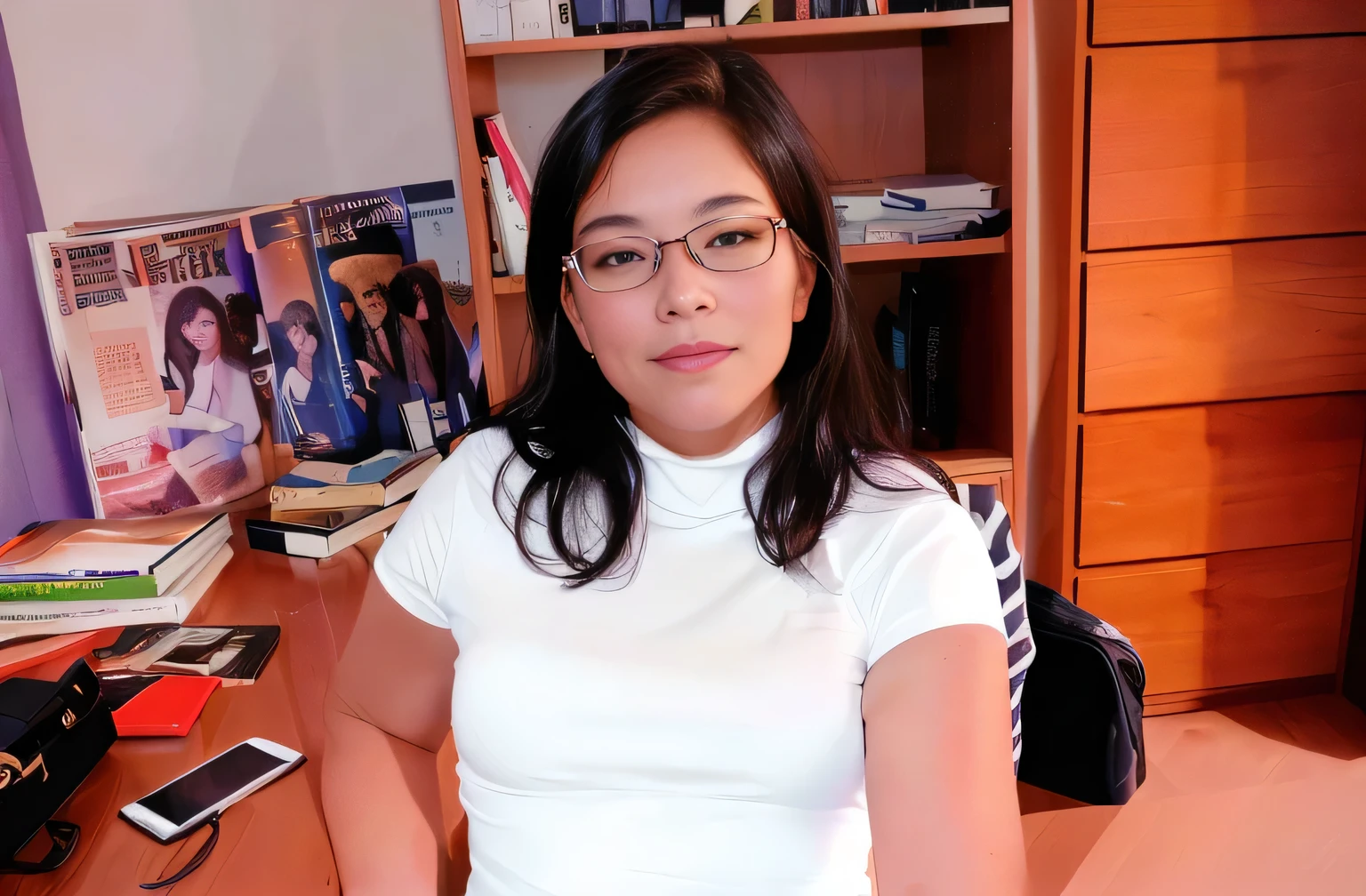 The image shows a woman sitting at a table. She wears glasses and has dark hair. In front of her on the table are several items, including what appears to be a laptop, a cell phone, and some books, papers, and electronic devices, indicating an active workspace. Behind her, a bookshelf filled with numerous books adds to the intellectual atmosphere of the room. The background suggests an indoor environment with shelves full of books and other objects, creating a cluttered appearance. Realistic photo.
The woman is wearing a white short-sleeved, turtleneck t-shirt.
A beautiful woman, with white skin and dark brown hair. She is about 45 years old, 165 cm tall and weighs 56 kg. She has a perfect mouth, medium breasts, a perfect face. Her body exudes glamor and her face is a definition of beauty. Slender body, thin waist. Highly realistic, hyperrealism, very elaborate skin. Clear photo, high resolution, high quality, masterpiece, 16K photo, high contrast, masterpiece, NUDE, NUDITY, NFSW.