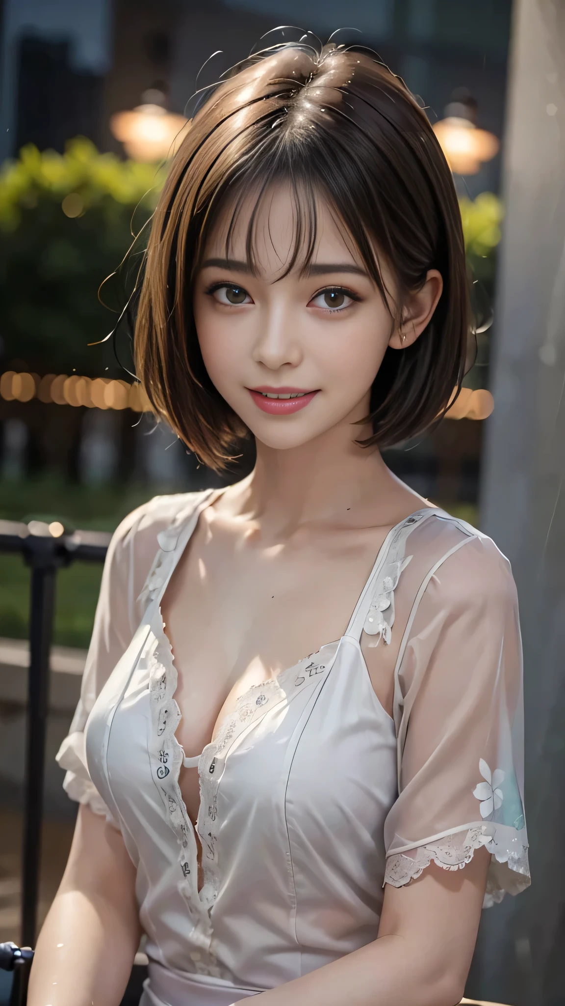 (8k, highest quality, masterpiece: 1.2), (Realistic, Realistic: 1.3), Very detailed, 1 girl, Mid-chest, Beautifully detailed skies, Detailed Cafe, night, (blush), (smile: 1.15), (Mouth closed), (Collared shirt: 1.1), night, Wet, Office Clothes, rain, White lace, (short hair: 1.2), Floating hair , Random sexy poses,Bare chest