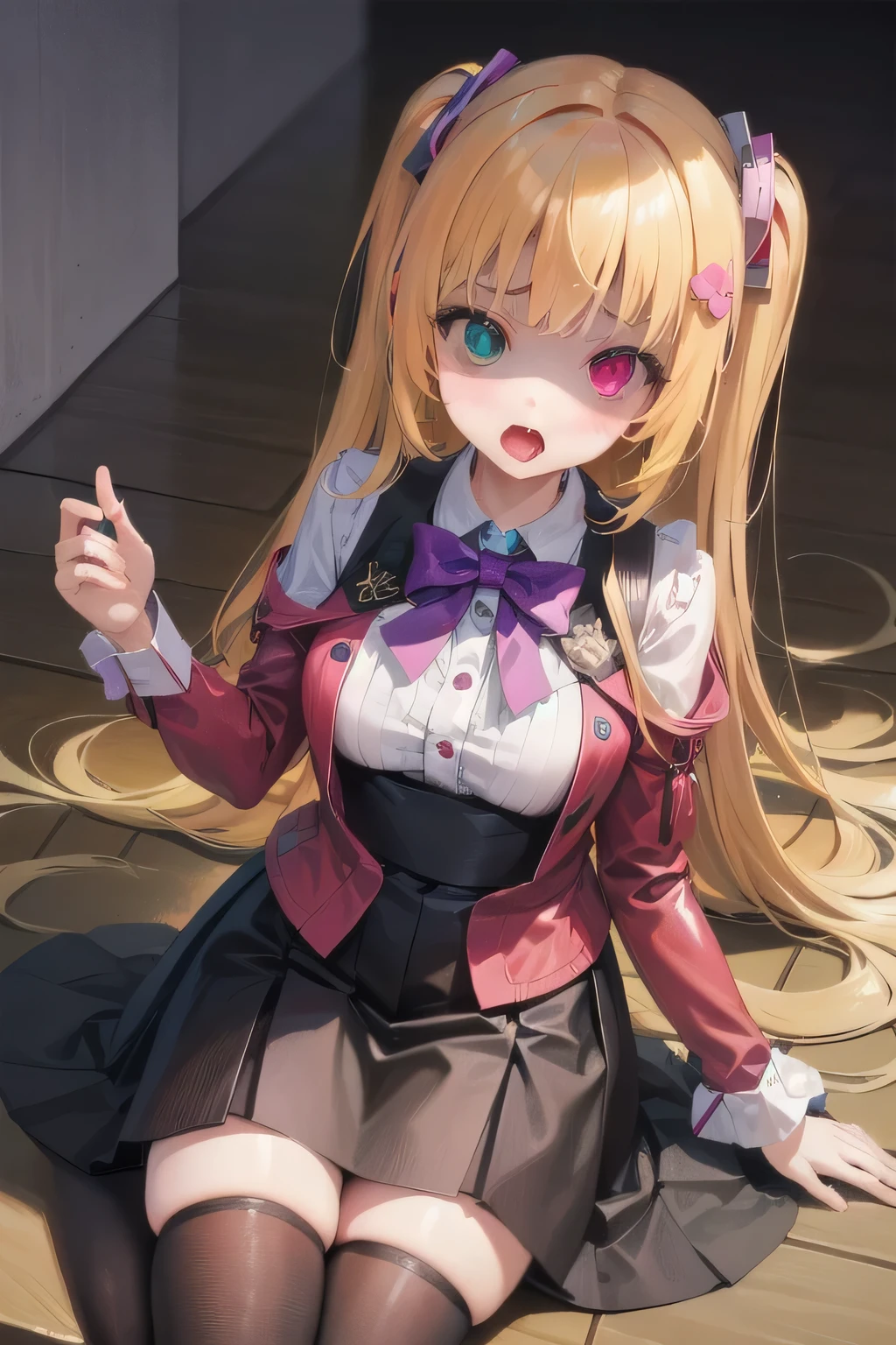 (Tabletop:1.0), (highest quality:1.4), (High resolution:1.2),(Latex lace mouth mask:1.3), Open your mouth, ,Sharp contours, boyish, highest quality, masterpiece,Glasses,Voice of the Heart,20-year-old woman,yandere,Big Breasts,Chest to chest,Lying face down,Ecstasy,saliva,blush,Squint your eyes,Heterochromia iridis,Tuck up your clothes,lure,under shot,skirt lift,zettai ryouiki,open clothes
