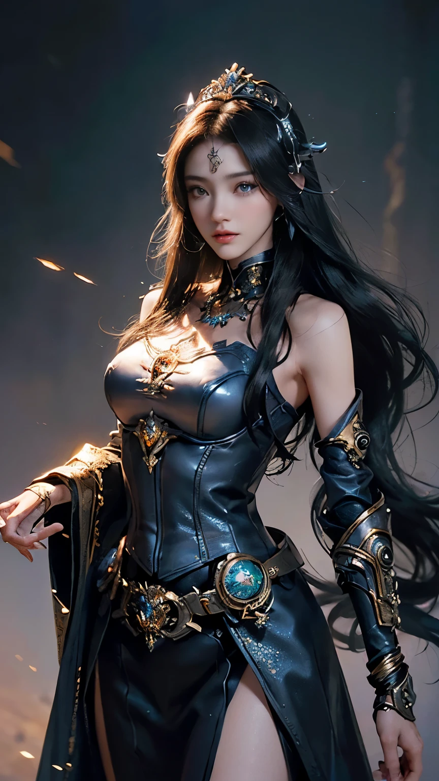 (((Masterpiece, top quality, super detailed))), (((One endless mage girl, , radiating magic))), (((complex mechanical headgear, complex mechanical steampunk fashion and overdecorated gothic fashion and neon glitter cyberpunk fashion fusion of))), bust-up photos, ((((very detailed face))), (((very sharp focused eyes))), very large slit dark gray eyes that shine like jewels. Very long eyelashes, long dark hair in vertical curls, thick bangs, perfect princess cut, very gorgeous tiara, (((perfectly accurate human anatomy))), long neck, narrow shoulders, long slender arms, small breasts, very narrow waist, very small buttocks, long slender legs, (((overall accuracy has been dramatically improved, creating super detailed, realistic and realistic images)))), (((magic, magic spell light, magic weapon))), dynamic poses, cinematic lighting,