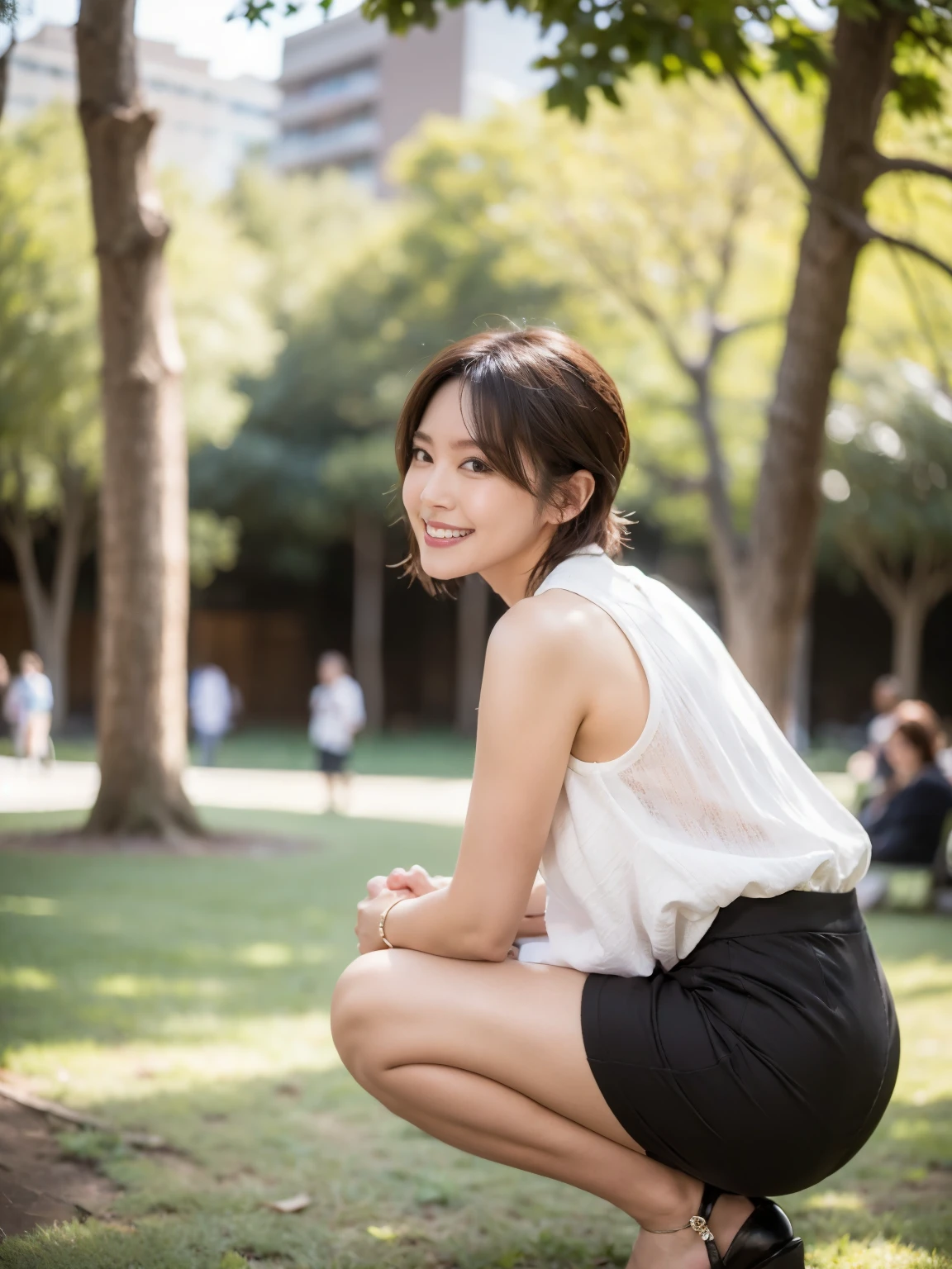 (RAW Photos:1.2), (Realistic:1.4),Beautiful detailed woman,Very beautiful eyes and face, Fine Eyes, Very detailed,High resolution, Very detailed,highest quality,Raise your consciousness,Unified,8k wallpaper,masterpiece,highest quality,1 female,alone,rich,Ezvian Everywhere,(standard body type),Thick legs,(c cup breasts)、alone,(White knit dress),(White pencil skirt),jewelry, necklace ,short hair,A kind smile,A dignified atmosphere,black eye,Realistic,Hibiya Park , (Morning Park:1.1),(Stand upright:1.4)、(Standard buttocks).(short hair),(Japanese women),(age 34), View Audience, Back view,(Crouched down position with hands on knees:1.2)
