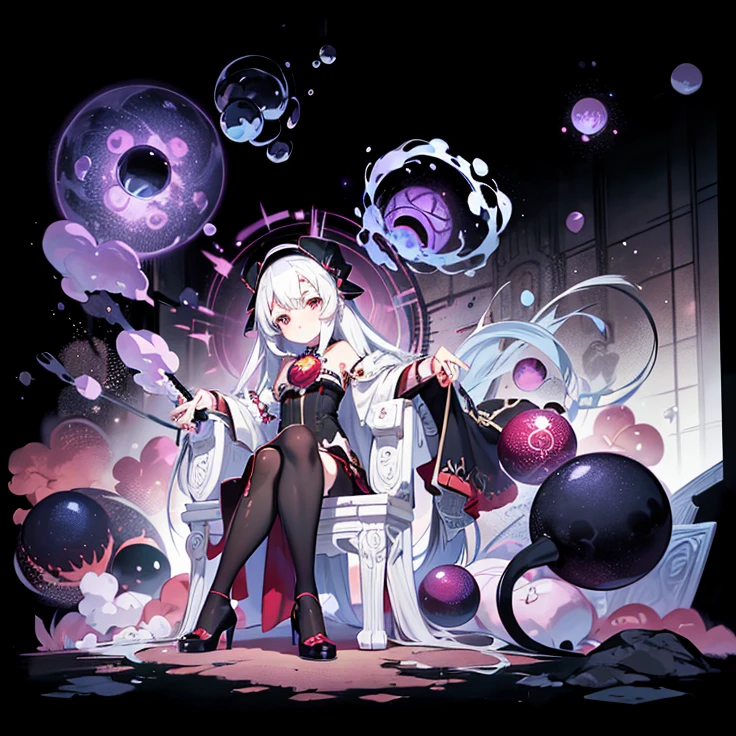 anime girl sitting on a chair surrounded by bubbles and crimson red balls, ufotable art style, arcane art style, dark fantasy esoteric, [[fantasy]], arcane style!!!!!, anime art nouveau cosmic display, white haired deity, bubble goth, anime arts, anime fantasy illustration, gothic maiden anime girl, void eyeballs