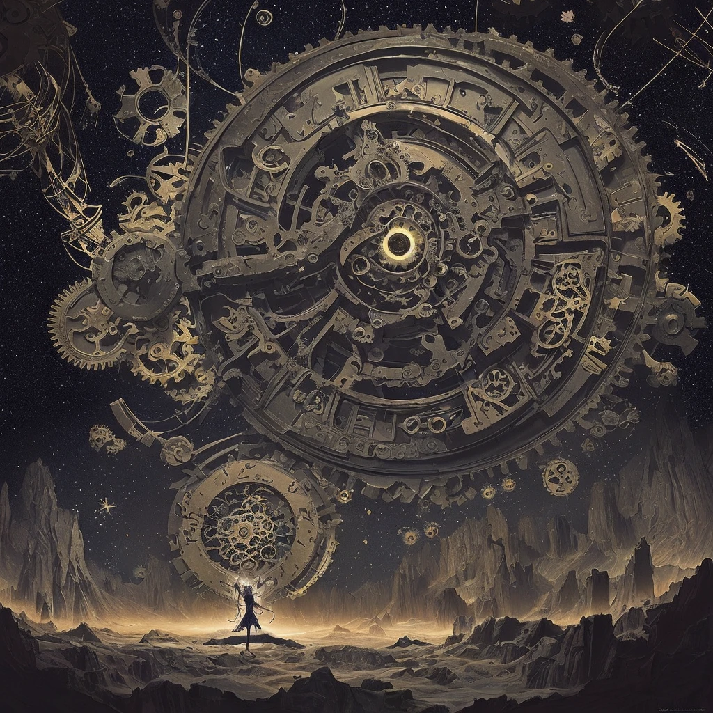 In the scenery of ther world,Decorated with constellations, Surrounded by gears and cogwheels, Spend some time dancing alone under a giant time machine in the shape of a cosmic pendulum. Highly detailed and expressive drawings in black ink