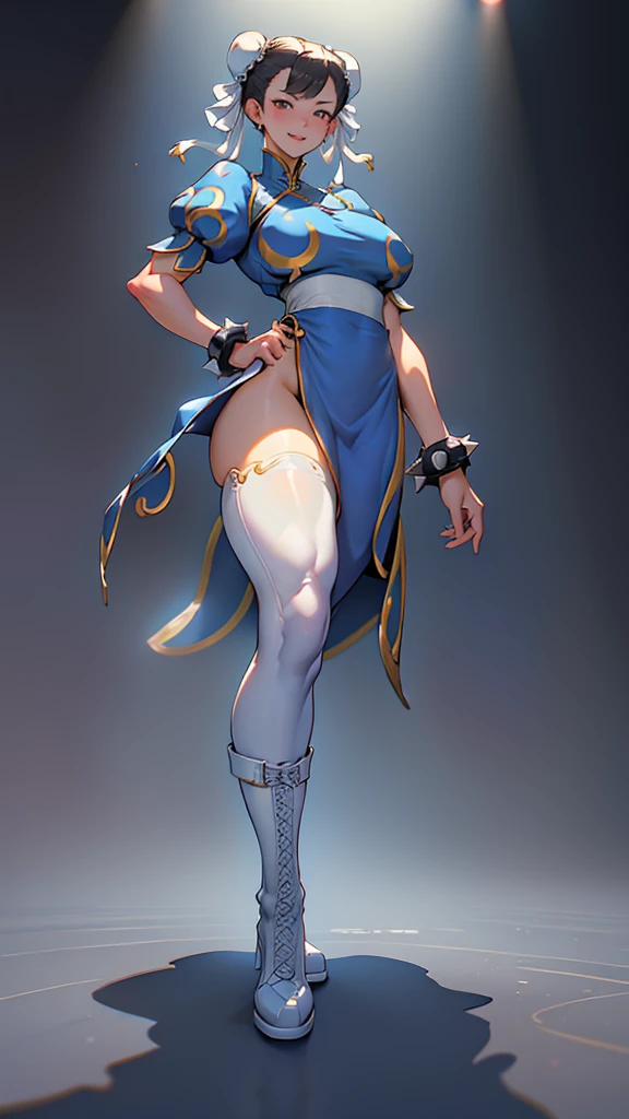 (masterpiece, best quality, realistically, Work, super detailed, 8k), chun-li,Beautiful young woman in blue dress，Smile，white boots，Exquisite facial features，tie hair, black leggings，Blue clothes, blue skirt, ，front standing posture ，facing the audience，full body portrait，gray background