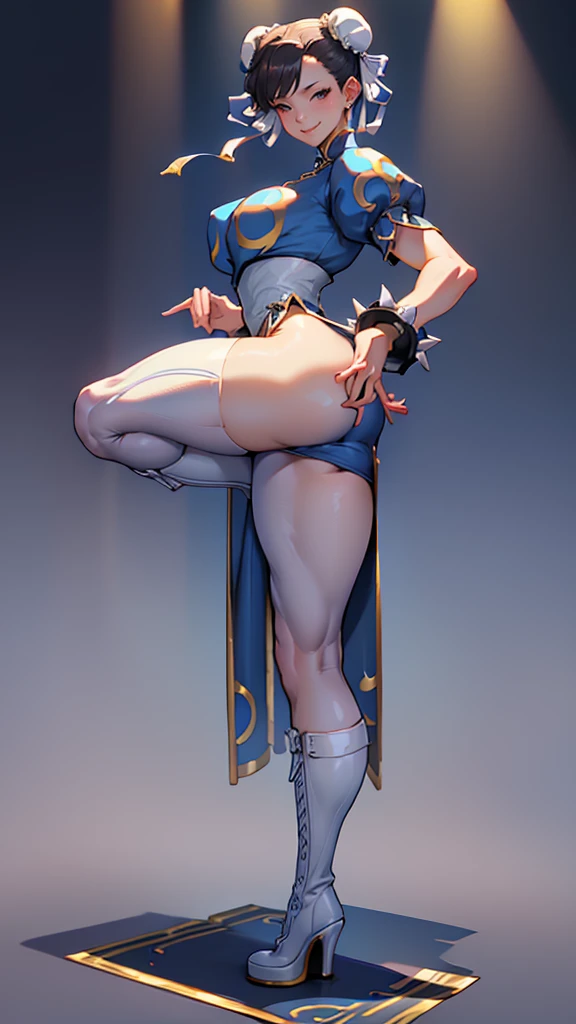 (masterpiece, best quality, realistically, Work, super detailed, 8k), chun-li,Beautiful young woman in blue dress,Smile,white boots,Exquisite facial features,tie hair, black leggings,Blue clothes, blue skirt, ,front standing posture ,facing the audience,full body portrait,gray background