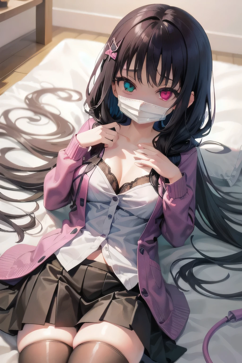 (Tabletop:1.0), (highest quality:1.4), (High resolution:1.2),(Latex lace mouth mask:1.3), Open your mouth, ,Sharp contours, boyish, highest quality, masterpiece,Glasses,Voice of the Heart,20-year-old woman,yandere,Big Breasts,Chest to chest,Lying face down,Ecstasy,saliva,blush,Squint your eyes,Heterochromia iridis,Tuck up your clothes,lure,under shot,skirt lift,zettai ryouiki,open clothes