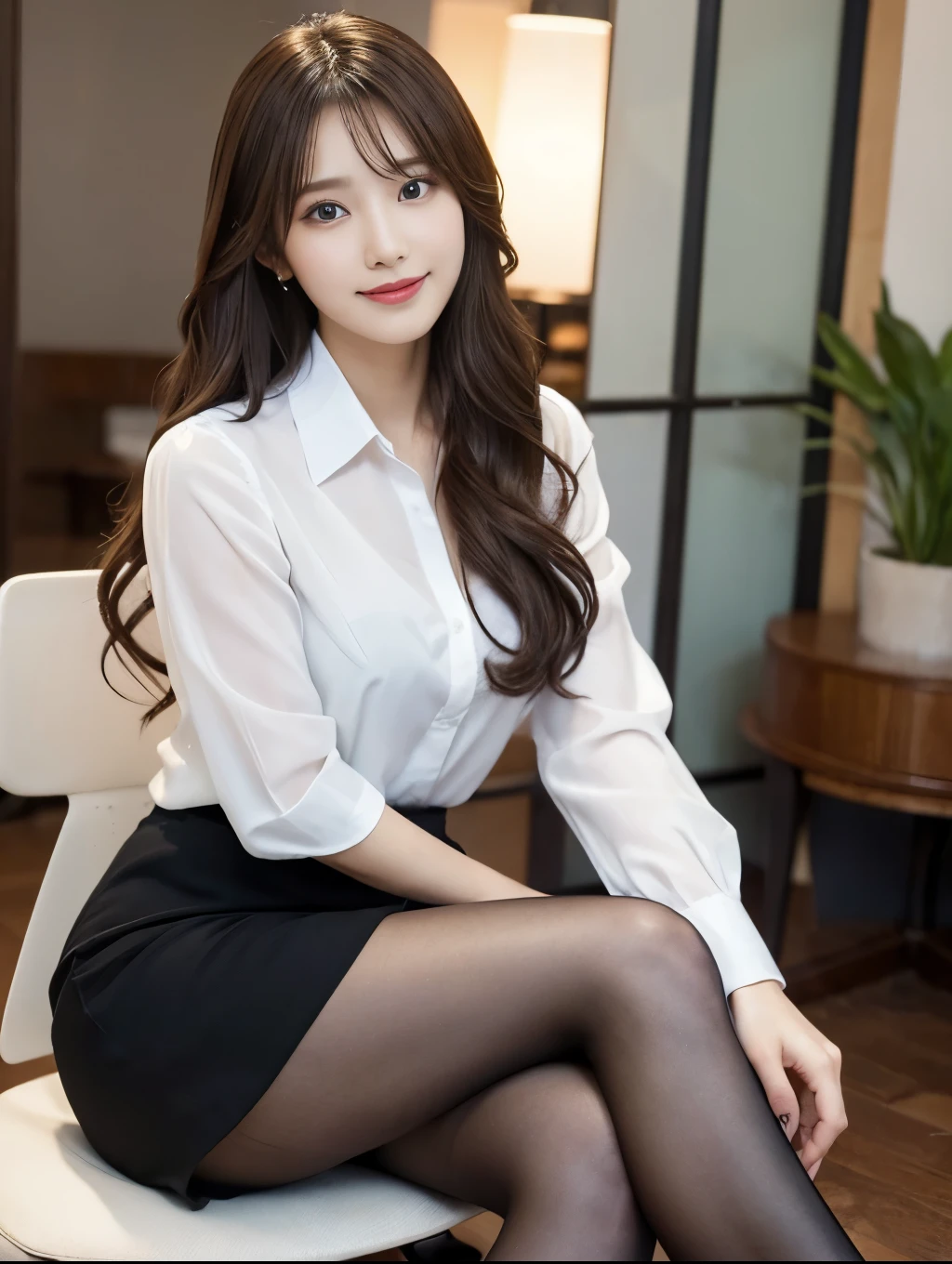 (Perfect Anatomy:1.2),Wearing a white open shirt,The front of the shirt is fluttering,Sexy woman sitting on a chair, Wearing pantyhose, Crossing your legs, lower angle, Elegant legs, She wore a miniskirt secretary-style suit., Japanese actress, born,(8k、highest quality、masterpiece:1.2)、(Intricate details:1.4)、(Photorealistic:1.4)、Octane Rendering、Complex 3D rendering with ultra-detail, Studio Soft Light, Rim Light, Vivid details, Super Detail, Realistic skin texture, Detailed and beautiful face, Beautiful details in the eyes, Highly detailed CG Unity 16k wallpaper, compensate, (Detailed Background:1.2),Glowing Skin,Wavy long hair with no bangs,Random Hairstyles,Cute face:1.2,Age 20,Exposed thighs!!!,Smiling,