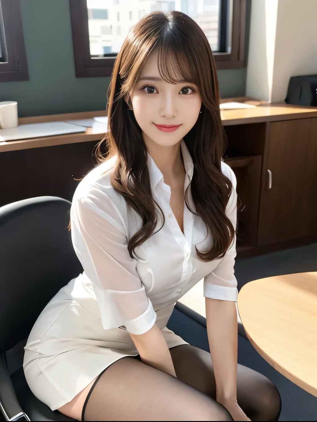 (Perfect Anatomy:1.2),Wearing a white open shirt,The front of the shirt is fluttering,Sexy woman sitting on a chair, Wearing pantyhose, Crossing your legs, lower angle, Elegant legs, She wore a miniskirt secretary-style suit., Japanese actress, born,(8k、highest quality、masterpiece:1.2)、(Intricate details:1.4)、(Photorealistic:1.4)、Octane Rendering、Complex 3D rendering with ultra-detail, Studio Soft Light, Rim Light, Vivid details, Super Detail, Realistic skin texture, Detailed and beautiful face, Beautiful details in the eyes, Highly detailed CG Unity 16k wallpaper, compensate, (Detailed Background:1.2),Glowing Skin,Wavy long hair with no bangs,Random Hairstyles,Cute face:1.2,Age 20,Exposed thighs!!!,Smiling,
