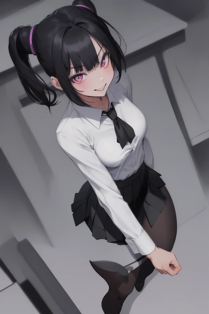 juri han, work of art, tight white secretary shirt with black tie, black high waist skirt, short skirt, black hair, black tights,evil smile,office,franja nos olhos,lighting,chifre de cabelos,view from above,olhando para cima,sentada,pernas cruzadas
