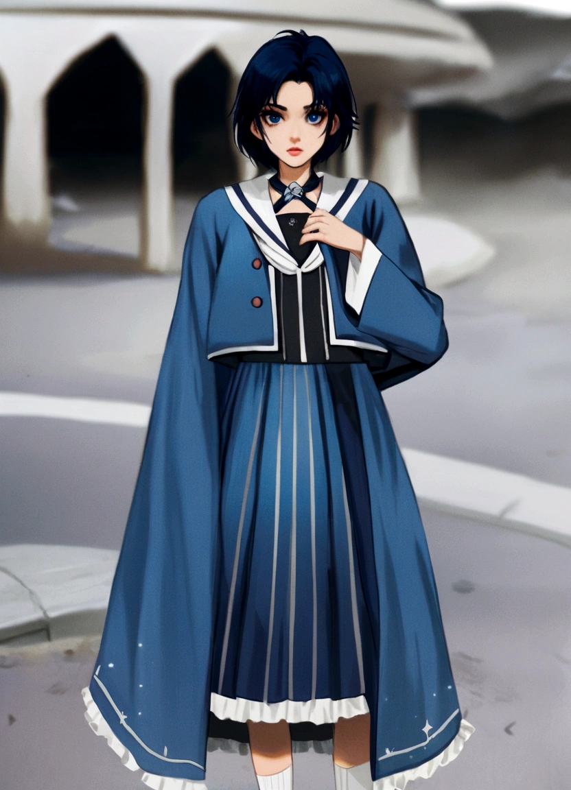 a close up of a woman in a blue dress and white socks, loose coat collar sailor uniform, fantasy style clothing, sakimichan, japanese clothes, style anime, magical school student uniform, witchcore clothes, magic , lolita style, anime girl cosplay, jk uniform, victorian blue dress, decorative dark blue clothing, gloomy style, anime set style