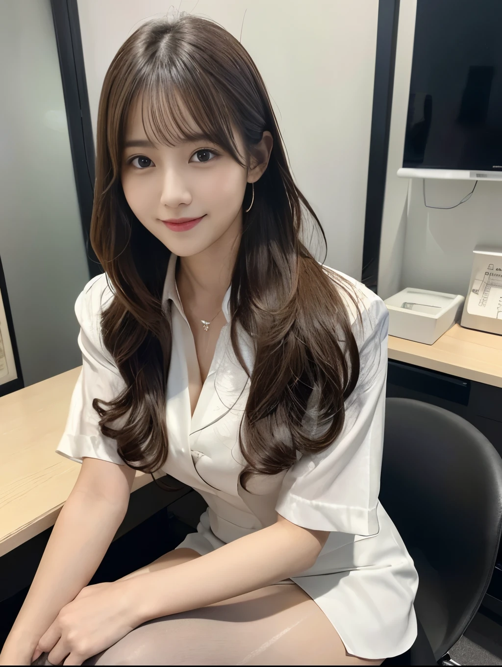 (Perfect Anatomy:1.2),Wearing a white open shirt,The front of the shirt is fluttering,Sexy woman sitting on a chair, Wearing pantyhose, Crossing your legs, lower angle, Elegant legs, She wore a miniskirt secretary-style suit., Japanese actress, born,(8k、highest quality、masterpiece:1.2)、(Intricate details:1.4)、(Photorealistic:1.4)、Octane Rendering、Complex 3D rendering with ultra-detail, Studio Soft Light, Rim Light, Vivid details, Super Detail, Realistic skin texture, Detailed and beautiful face, Beautiful details in the eyes, Highly detailed CG Unity 16k wallpaper, compensate, (Detailed Background:1.2),Glowing Skin,Wavy long hair with no bangs,Random Hairstyles,Cute face:1.2,Age 20,Exposed thighs!!!,Smiling,