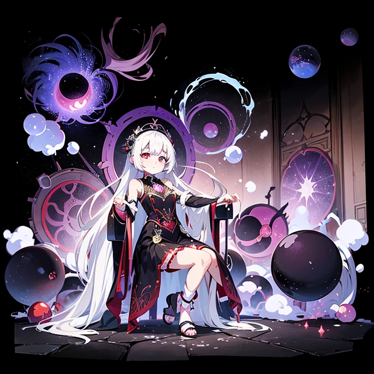 anime girl sitting on a chair surrounded by bubbles and crimson red balls, ufotable art style, arcane art style, dark fantasy esoteric, [[fantasy]], arcane style!!!!!, anime art nouveau cosmic display, white haired deity, bubble goth, anime arts, anime fantasy illustration, gothic maiden anime girl, void eyeballs