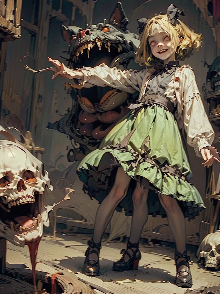 Gruesome and spooky details、An atmosphere full of suspense and tension、Psychological horror、Cute Smile、Mysterious and unsettling atmosphere、A terrifying moment、Nightmare scenario、Alice in Wonderland、Blonde、Big shoes、Enthusiastic atmosphere、Mischievous Smile、Expressive gestures、Comical movement、Psychedelic world