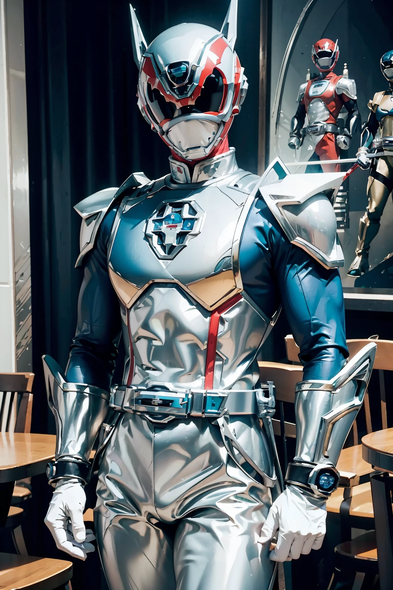 Fantasy background, cafe rpg style, empty chair, table, set of tea glass, (power rangers)), One guy、, ((platinum ranger suit)), red and blue chest armor with gold details, costume, Solo, ((fit figure)), (Anatomically correct), Cowboy shot, masked face, guns, muscular build