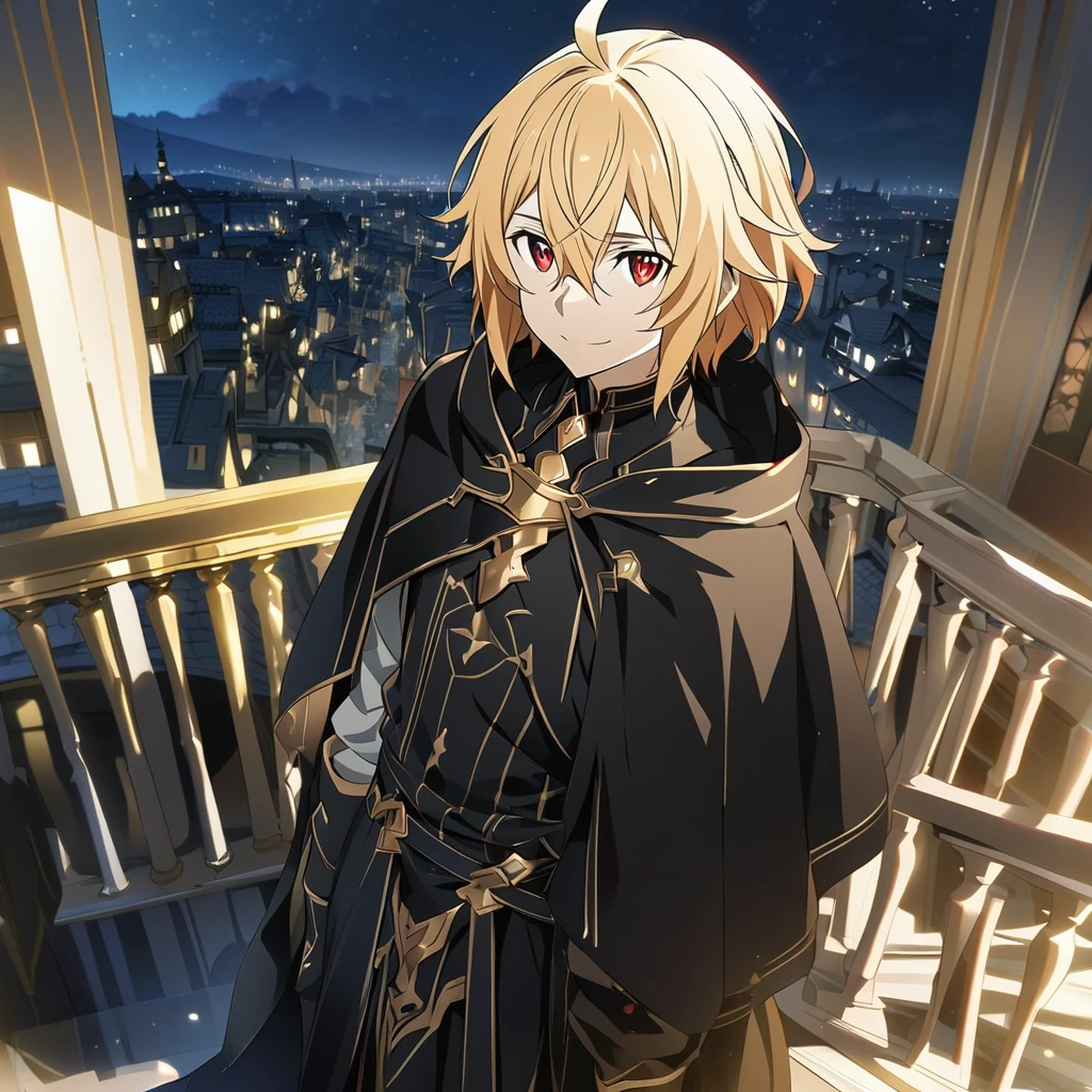 Hyakuya Mikaela \(Sword Art Online\), short golden hair, ruby red eyes:1.2, black costume, bangs, gentle smile, black cape, ((ultra-detailed)), ((illustration)), ((neat hair)), (beautiful detailed eyes), male, 1boy, standing, ((balcony, night)), looking at viewer