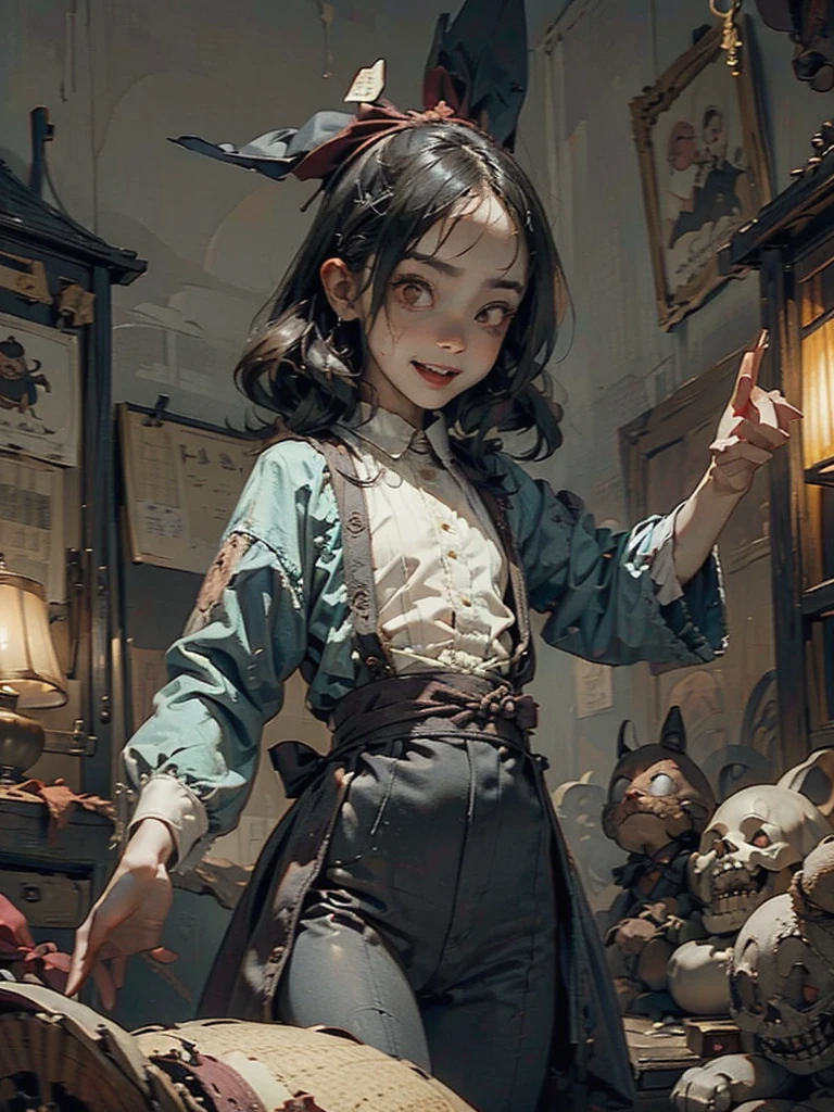 Gruesome and spooky details、An atmosphere full of suspense and tension、Psychological horror、Cute Smile、Mysterious and unsettling atmosphere、A terrifying moment、Nightmare scenario、Alice in Wonderland、Enthusiastic atmosphere、Mischievous Smile、Expressive gestures、Comical movement、Long straight black hair、Light blue outfit