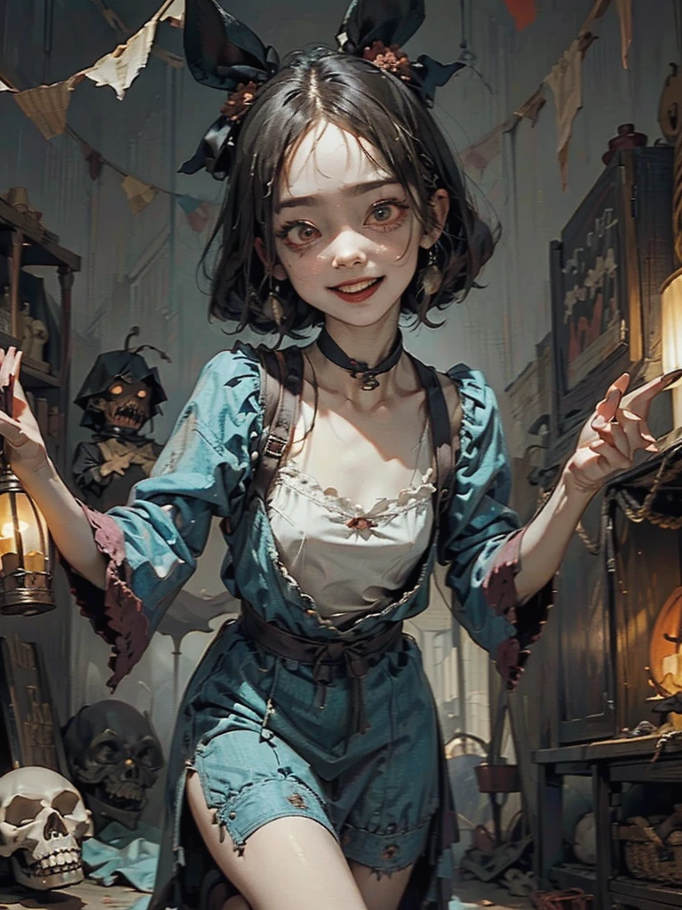 Gruesome and spooky details、An atmosphere full of suspense and tension、Psychological horror、Cute Smile、Mysterious and unsettling atmosphere、A terrifying moment、Nightmare scenario、Alice in Wonderland、Enthusiastic atmosphere、Mischievous Smile、Expressive gestures、Comical movement、Long straight black hair、Light blue outfit