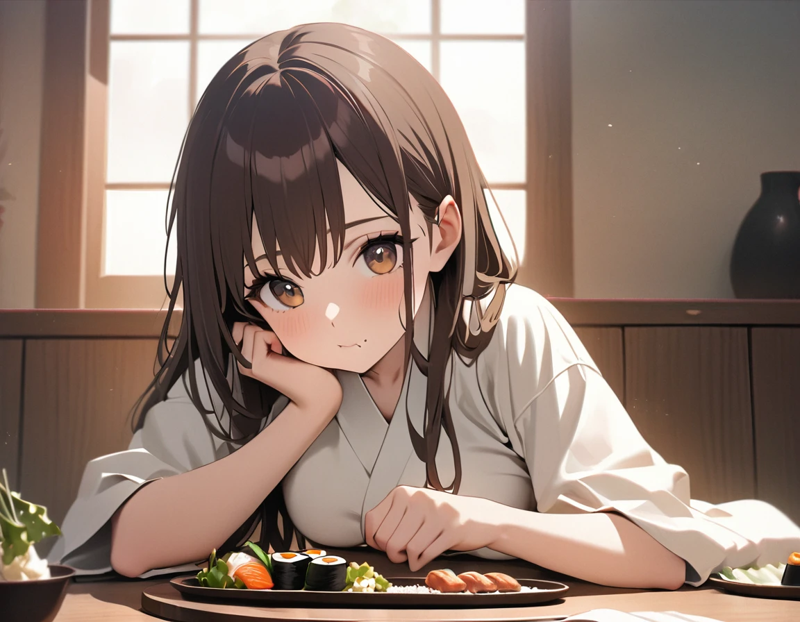 the best,On the table,Ultra-high quality,Realist,girl and cat,(beautiful face 1.4),(some delicious Japanese sushi on the table),(( Beautiful woman eating food)),Solitary,Slightly drooping breasts,Realist,Silky long hair,(brown hair),
