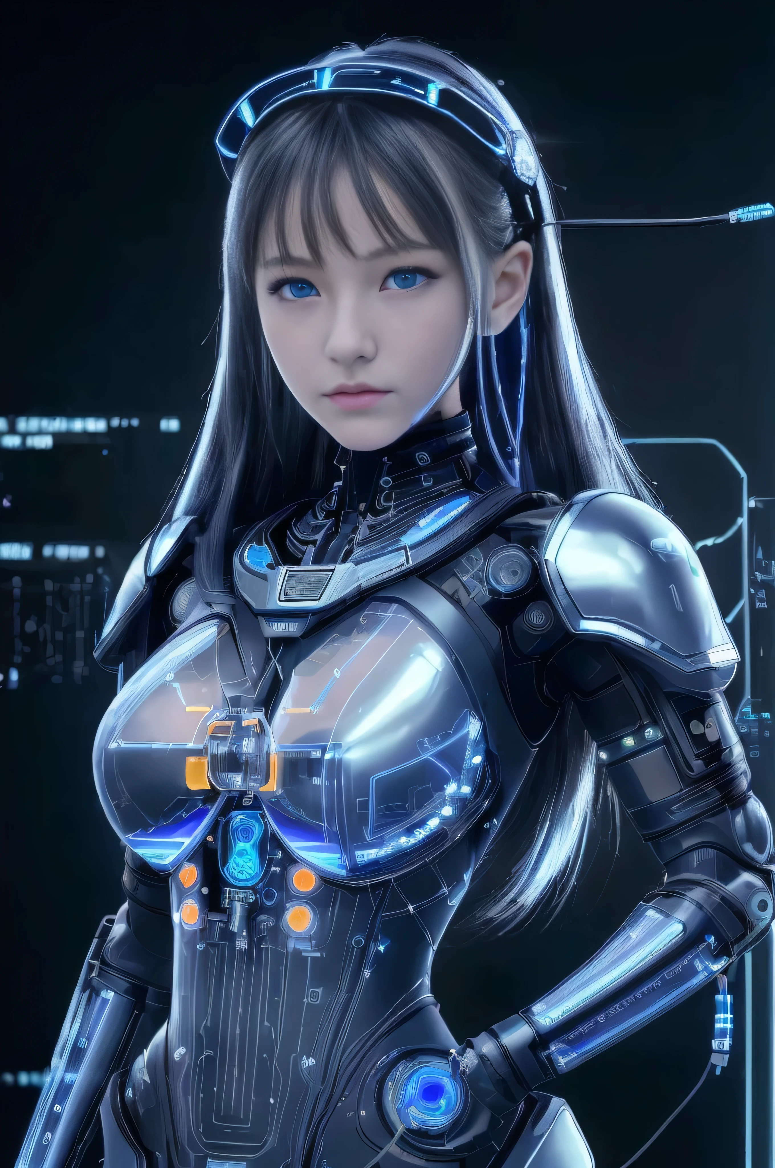 (Highest quality, High resolution, masterpiece:1.2), Very detailed, Realistic:1.37, (Perfect Anatomy),One Girl, Cowboy Shot,(Cute and beautiful female cyborg),(Standing posture),Very cute face,The donor is a cute and beautiful 22-year-old Japanese woman...,Very cute face,(Beautiful Eyes),,Beautiful skins, Detailed facial features, Complex Hair, (Futuristic, Blue transparent PVC cyborg body and boots:1.2),(Detailed electronic circuits inside the body are clearly visible:1.4), A body with many cables connected,Attention to detail in costumes,Metal Necklace,Futuristic hair accessories, Seductive makeup,Silvery semi-long hair,cyber punk,Cybernetic,(The background is the interior of a cyborg assembly factory.:1.3).