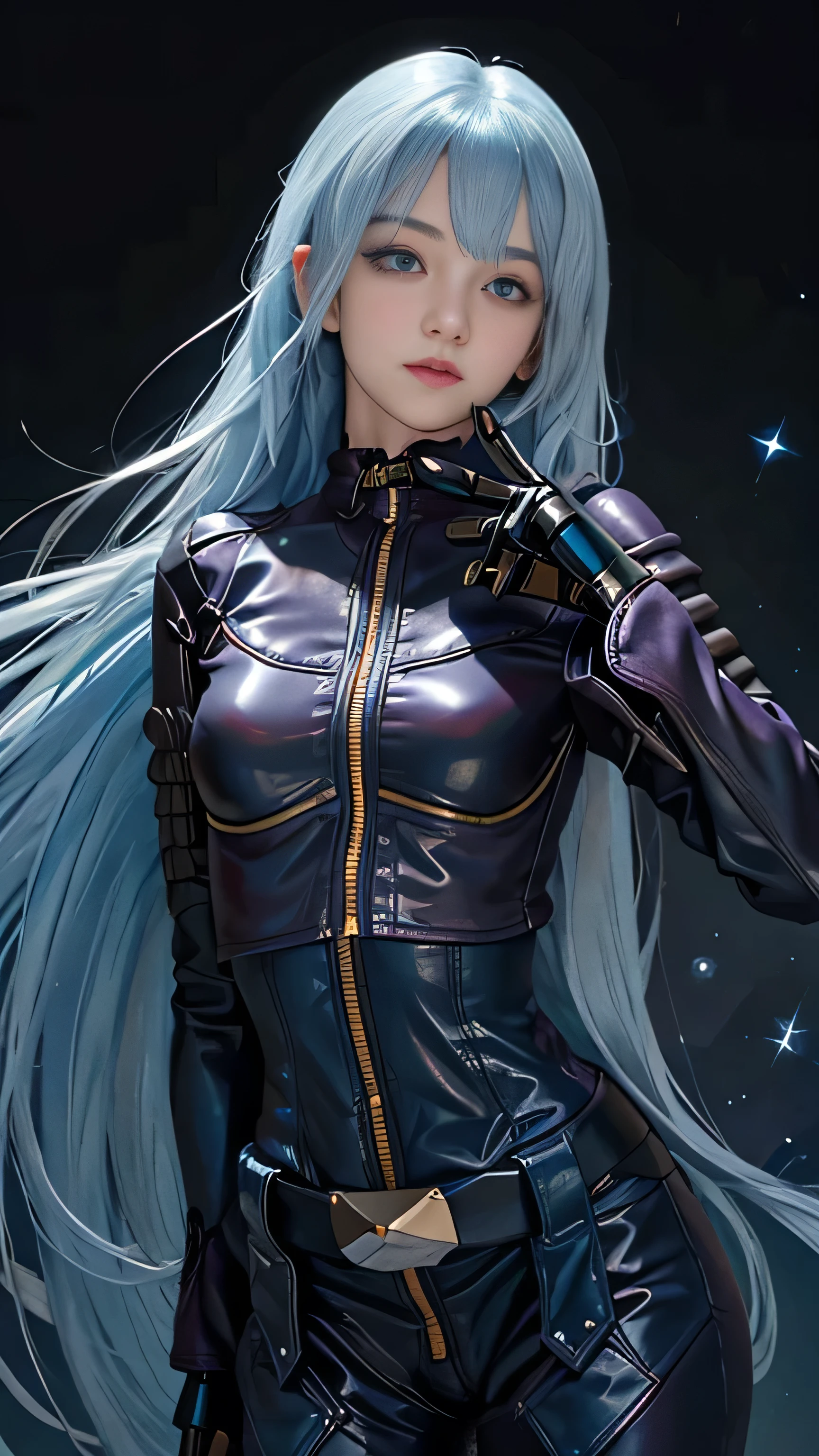 improve hand with 5 well defined fingers, has black gloves,  long hair, mysterious eyes, Shiny mysterious light blue hair, mysterious eyes, shining pupils,  girl, small smile, shining sky blue eyes, Japanese cityscape , Pajamas
