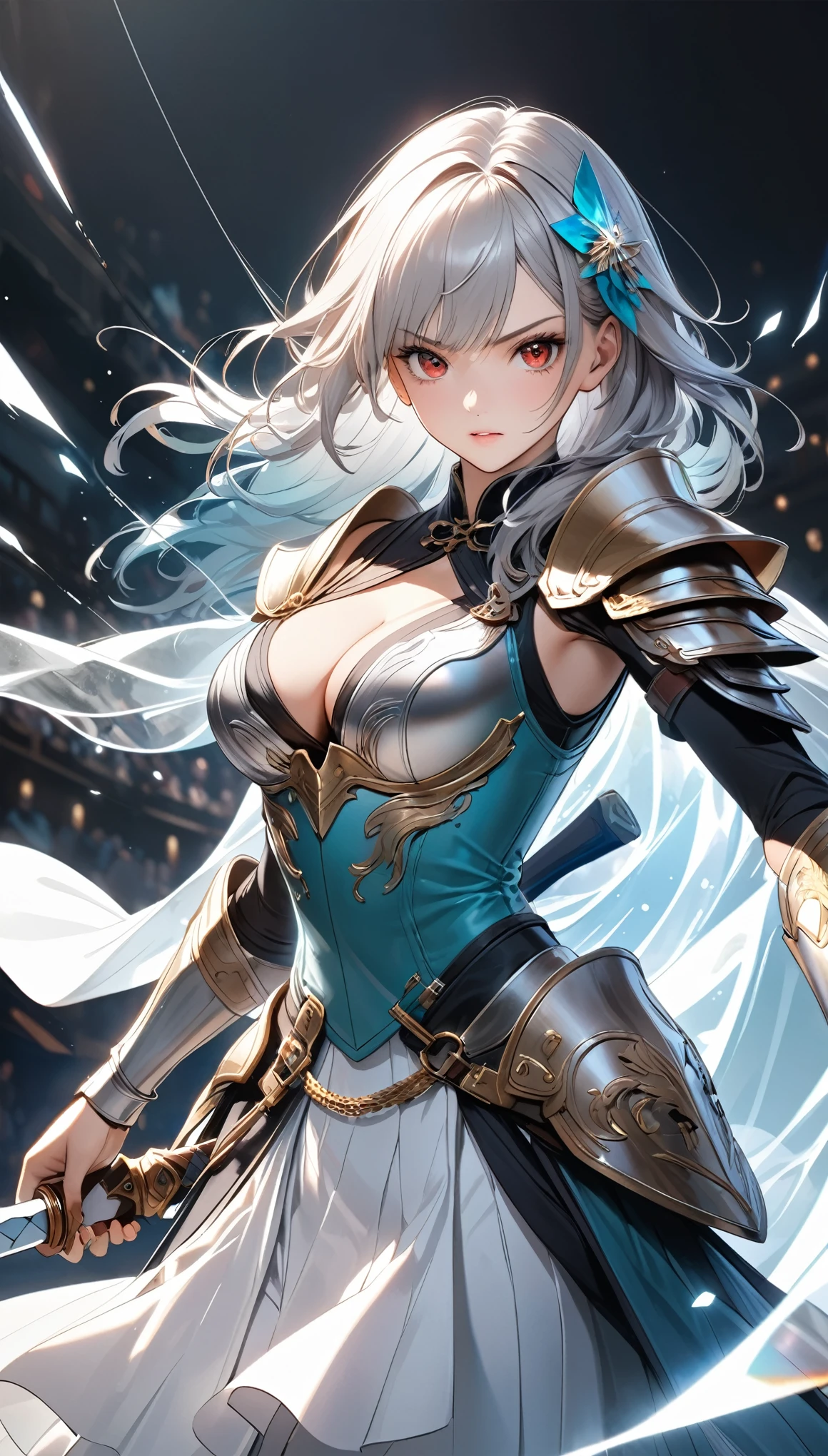 [masterpiece, ultra-detailed, best quality] white hair, blue eyes, tied-up hair, fit body, dynamic angle, engraved armor encampment, dragon horns, one broken horn, calm expression, spear, holding a spear, female