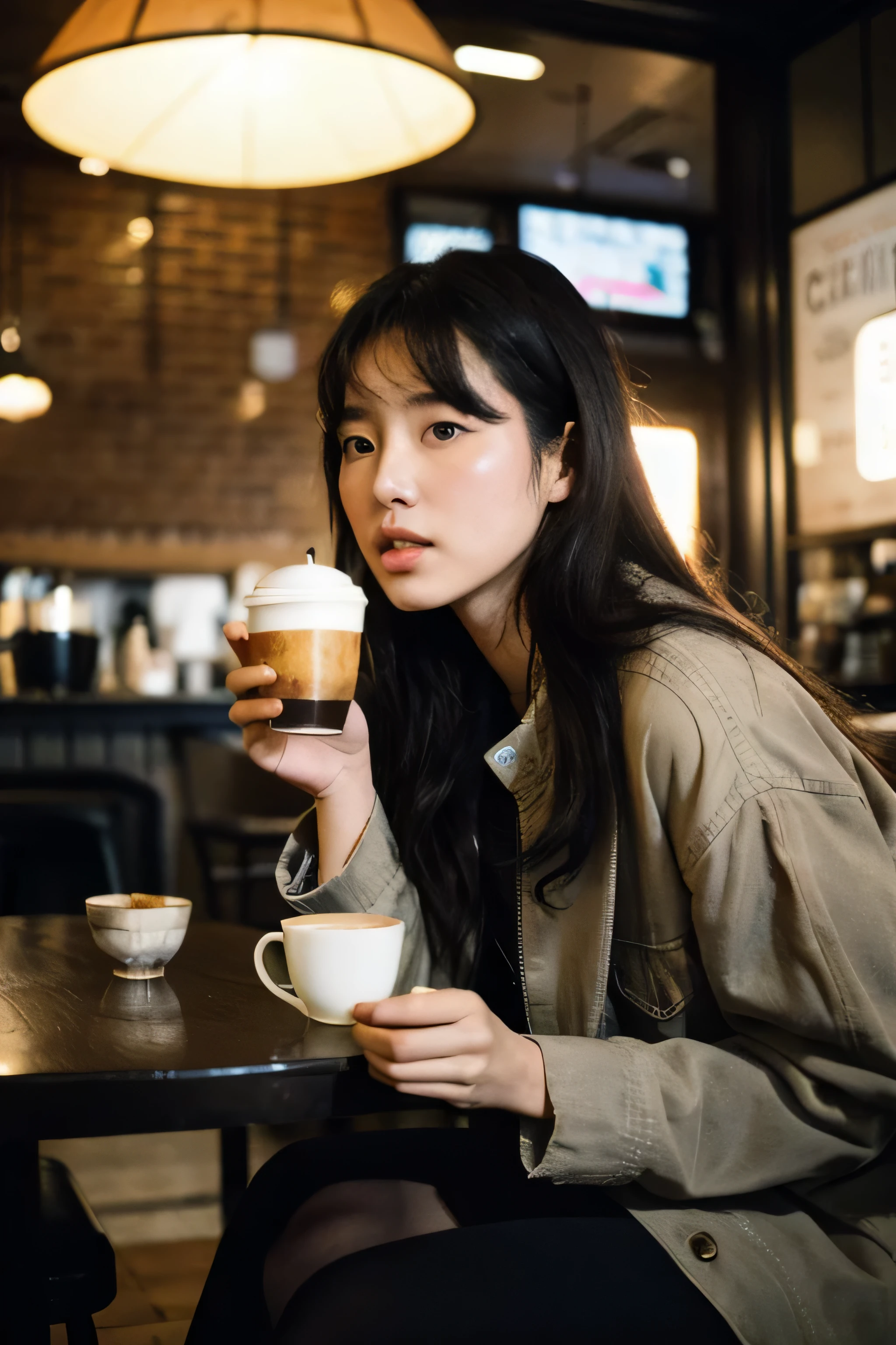 (Cinematic Aesthetic:1.4) Photo of a beautiful korean woman sitting and in a coffee cafe. Handing a coffee