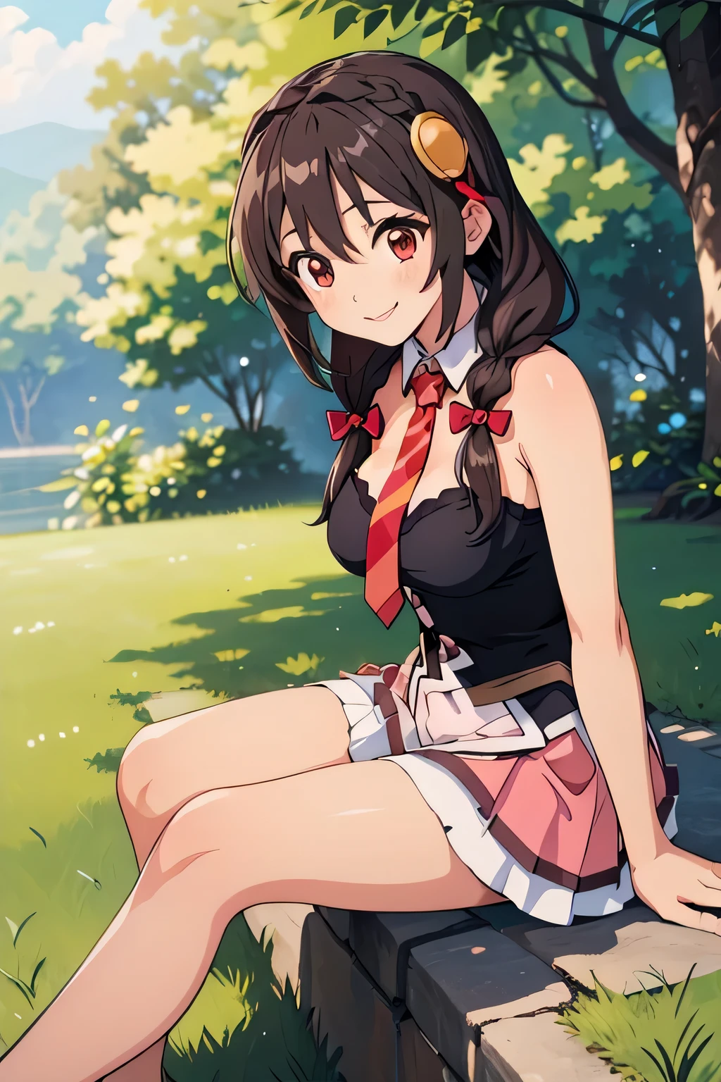 (masterpiece, highest quality), One girl,    Yunyun,Long Hair,Braiding,Twin tails,Hair between the eyes,Hair Ribbon,hair ornaments,Slightly larger breasts,tie,Pink Skirt、Red Eyes、smile、Girl sitting on the grass、Side view