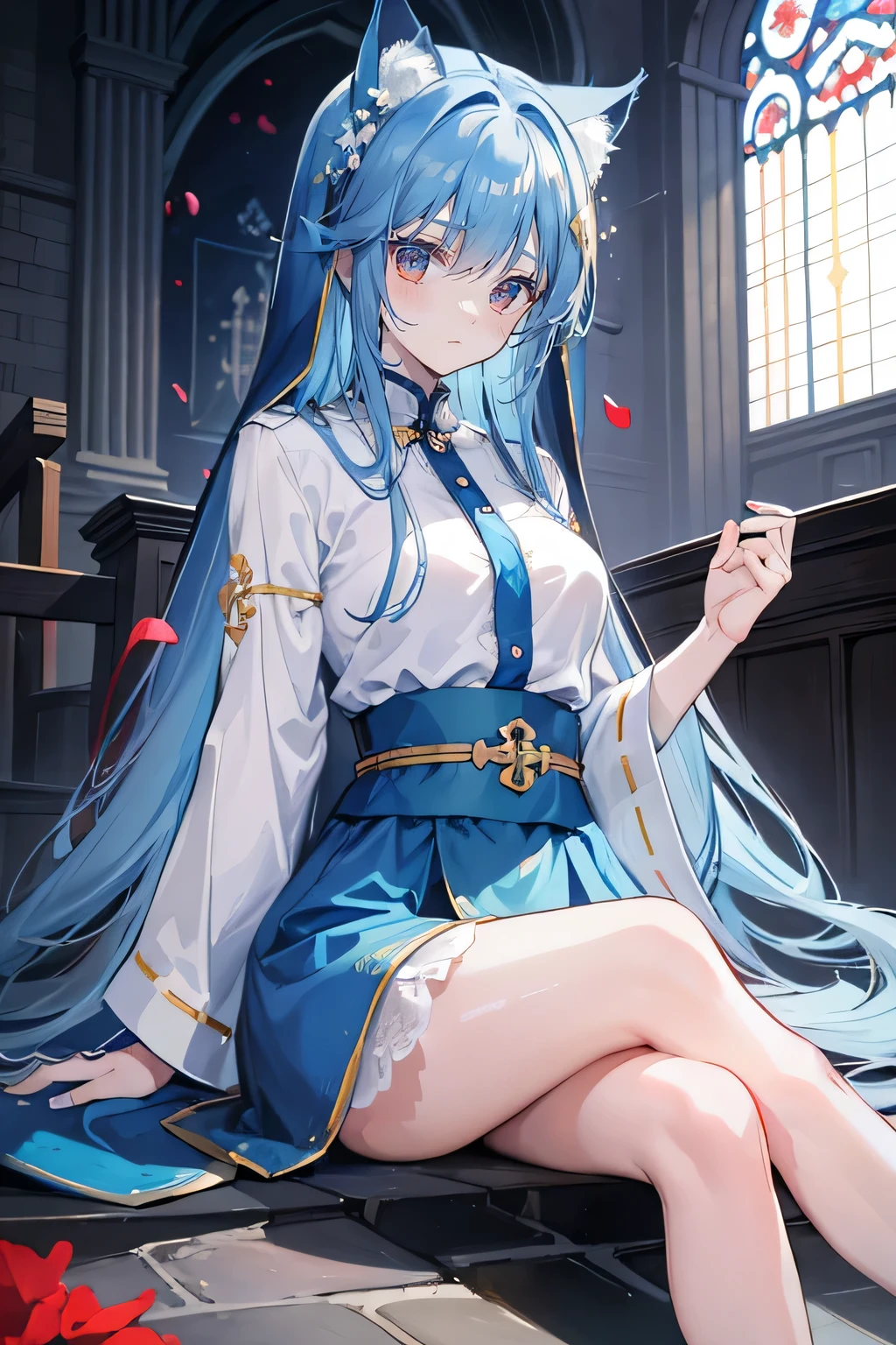 (masterpiece:1.2),Extremely detailed,Practical,expressive eyes,Fair skin,Perfect face shaping,1 Girl,
Japanese cartoons,Gorgeous blue hair, the long flowing blue hair,Floating clothes,Cat ears,Petals fall,beautiful lola,Young Angel,
Place your hands on your waist,sit elegantly on the ground,Cross your legs,Gentle and peaceful background,church,Nun's Clothes,back view,lie on the water,Large Breasts, H Cup, Good breasts, Place your hands on your waist,beautiful, Gorgeous,Japanese cartoons,girl,Lola,Hina Angel, Blue Hair, Blue Haired,Tent breasts, tent box, tent chest, Floating clothes,Grab your waist, Grab your waist, Hands on Hips , hands on hips,sit, sit on ground, Legs on the ground.