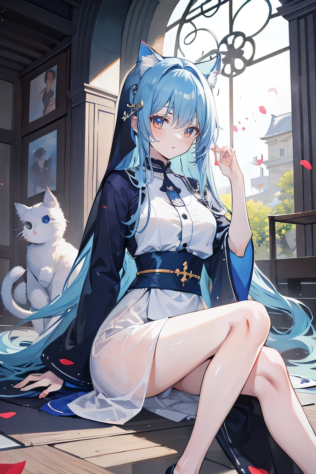 (masterpiece:1.2),Extremely detailed,Practical,expressive eyes,Fair skin,Perfect face shaping,1 Girl,
Japanese cartoons,Gorgeous blue hair, the long flowing blue hair,Floating clothes,Cat ears,Petals fall,beautiful lola,Young Angel,
Place your hands on your waist,sit elegantly on the ground,Cross your legs,Gentle and peaceful background,church,Nun's Clothes,back view,lie on the water,Large Breasts, H Cup, Good breasts, Place your hands on your waist,beautiful, Gorgeous,Japanese cartoons,girl,Lola,Hina Angel, Blue Hair, Blue Haired,Tent breasts, tent box, tent chest, Floating clothes,Grab your waist, Grab your waist, Hands on Hips , hands on hips,sit, sit on ground, Legs on the ground.