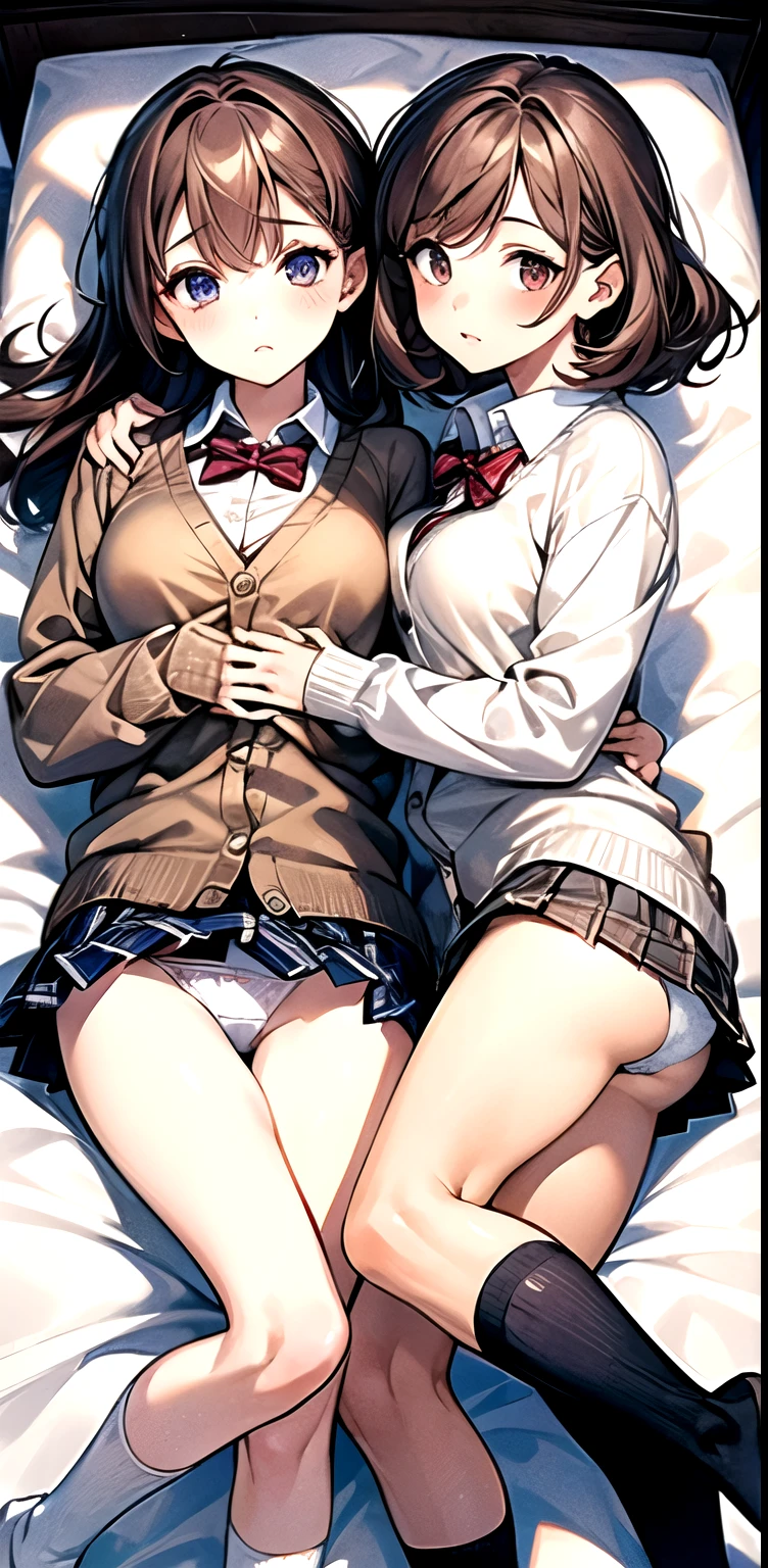 (((two girls))),delicate and cute girls with brown hair、a high school student、16years、Super8K Ultra High Definition、Delicate texture、 Medium Hair、flat chest、(((Plaid mini skirt)))、(((Wear a cardigan over a collared shirt)))、high socks、navy colored socks,Plain clothes,spreading her legs,exposed panties,nsfw,middle breast,classroom,lying down on the desk,spreading legs open wide with knees bent,creating the shape of the letter M,(((detailed race white panties))),Two old girls hugging、The lower part of the chest is emphasized and exposed..、The breasts are wet with milk、、zoom、Glowing Skin 5.your breasts will grow、Realistically(((.two 14-year in bed)))、(((two 14-year-old girls grab hest seen from behind)))、(Hold me close to your heart)、your breasts will grow、Wear a T-shirt.Wearing pink panties、(two Striking a sexy pose)、Bedroom