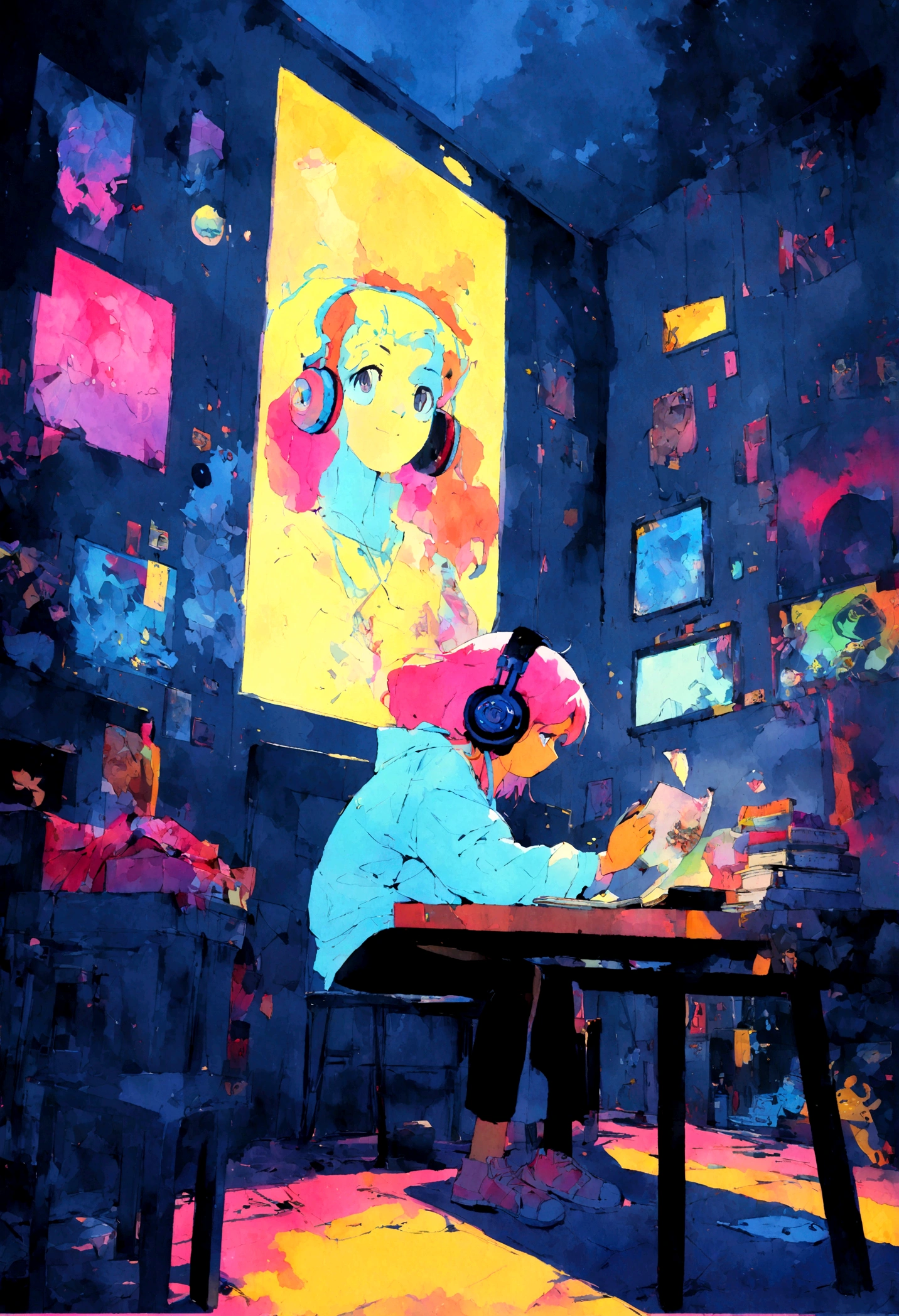 (zero), Girl studying in room, Reading a book, Wear headphones, , Night lighting, Neon scenery on a rainy day,Analog Color Theme, Lo-fi Hip Hop , retrospective exhibition, flat, 2.5D ,Draw a line, Ink drawing, Large slope, Watercolor, Goosh Colors, Studio Ghibli style, Great colorful, Outerton, Synthwave, Lofi Art,90s Style,Old Texture, amplitude,90s vibe, Tabletop, Great technology, 16:9 Scale