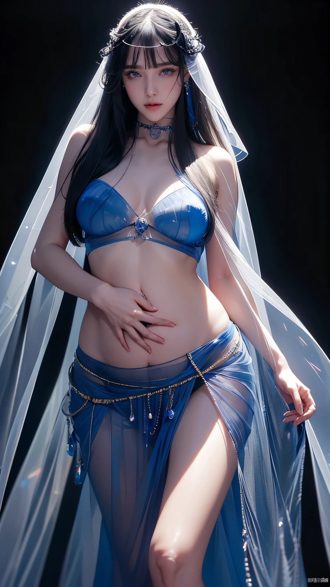 masterpiece, highest quality, Super detailed, Facing the camera, 複雑に詳細なSuper detailed, Realistic, Sharp features, Very detailed, Sharp focus, Perfect Face, Perfect symmetrical perfect eyes, Perfect Plump Lips, Flexible female form, Cinematic, Film Light, Super detailed, hyper Realistic, masterpiece, Atmospheric, High resolution, Vibrant, Dynamic Studio Lighting, ((Dark Background)), The expression when enduring pleasure, Straight bangs, blue eyes,Sexually aroused expression、(((She is completely naked and wearing a long transparent veil))), (((Belly Piercing))),(((genitalpiercing)))
