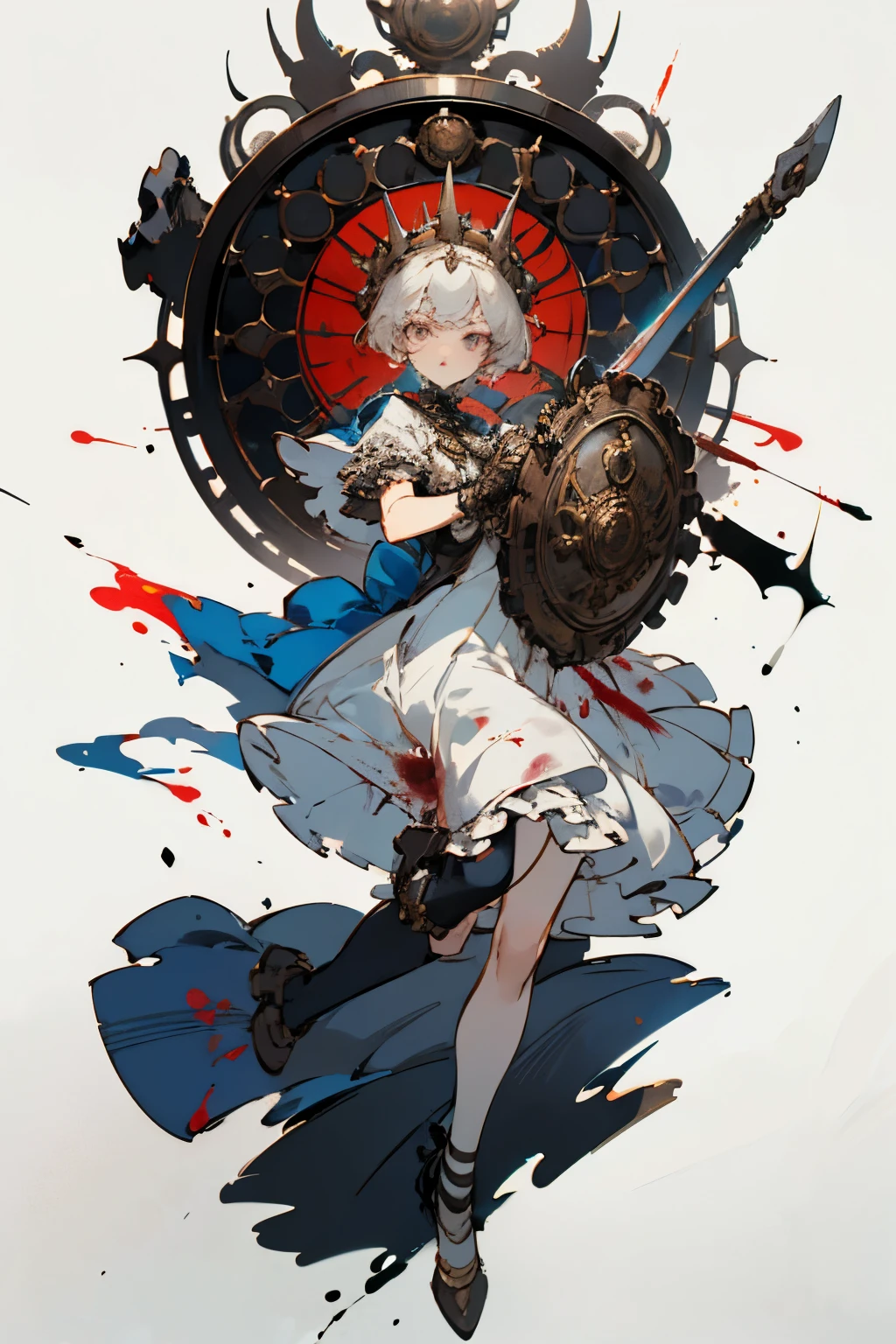 ((best quality)), ((masterpiece)), (detailed), perfect face ((best quality)), ((masterpiece)), (detailed), blank white background, plain background, white background, Bloodborne inspired, occult aesthetic, occult, detailed and intricate steampunk and detailed gothic, (zentangle, mandala, tangle, entangle), NSFW, torn clothing, Very dramatic and cinematic lighting, cosmic horror, grim-dark, side-lighting, perfect face, a beautiful goddess adorned and enshrined in armour, Bloodborne inspired , occult aesthetic , occult , detailed and intricate steampunk and detailed gothic , wielding a sword and holding a shield, NSFW, Fluttering lace flared short dress with frilly petticoats, knee length dress, pleated petticoats, lolita dress, petticoats gothic lolita, side-lighting, gothic lolita aesthetic, beautiful small breasts, small breasts, full body, whole body, body, plain background, white background, blank background, no background, white background NSFW, full body, whole body, head-to-toe