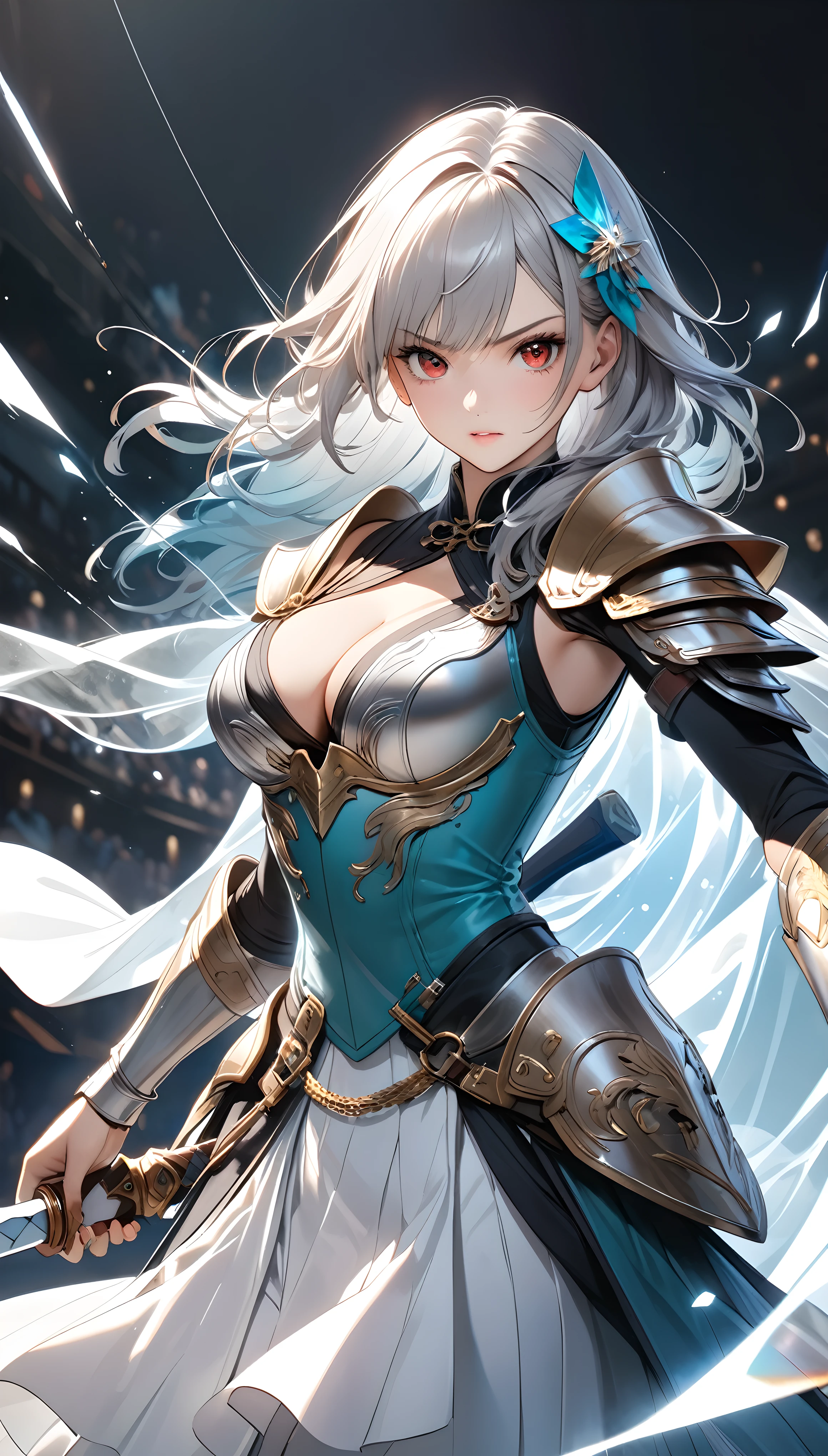 (Official art、Best Quality、Unity 8k Wallpapers、32K、​masterpiece、ultra-detailliert、超A high resolution、The best illustrations、Very ridiculous:1.2)、(Cinematic lighting:1.2)、Fireglow effect、film grains、Best Shadows、Rim lighting、side lights、(Ultra-detailed and complex 3D rendering)、Detailed beautiful face and eyes、Sharp pupils、Realistic pupils、A slender、１Man Woman、Medium bust、(Full body:1.2)、 beauitful face、16-year-old beautiful girl、(super detailed skin、detailed skin textures:1.3)、(silver blond、Blue-silver hair:1.3)、Paladin、Longhaire、Blunt bangs、Green eyes、3 braids in 1 bunch、(Blue Armor、Blue Boots、Blue helmet、Jeweled、Gold embroidery)、A slender、a miniskirt、(thighs thighs thighs thighs:0.8)、(chies、in a house、Artistic stained glass、Large pipe organ、Hello Point、Mystical、a lot of feathers float、angelicales、Particles of light、solemnity、Sunlight is、colourfull、Fantastical:1.2)、(Fantastical:1.3)、(Holding the Holy Sword:1.0)、Fantastical、Smiling smile
