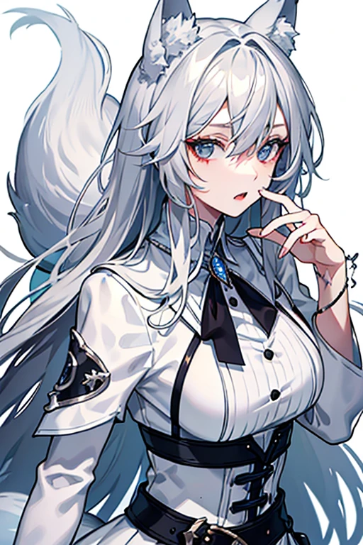 best qualtiy，tmasterpiece，The is very detailed，4K，Gray hair and shallow eyes，Drag cool expressions，Wolf ears，Erect scar on the left eye，British style，1girl，Absolutely beautiful, big bust, white costume