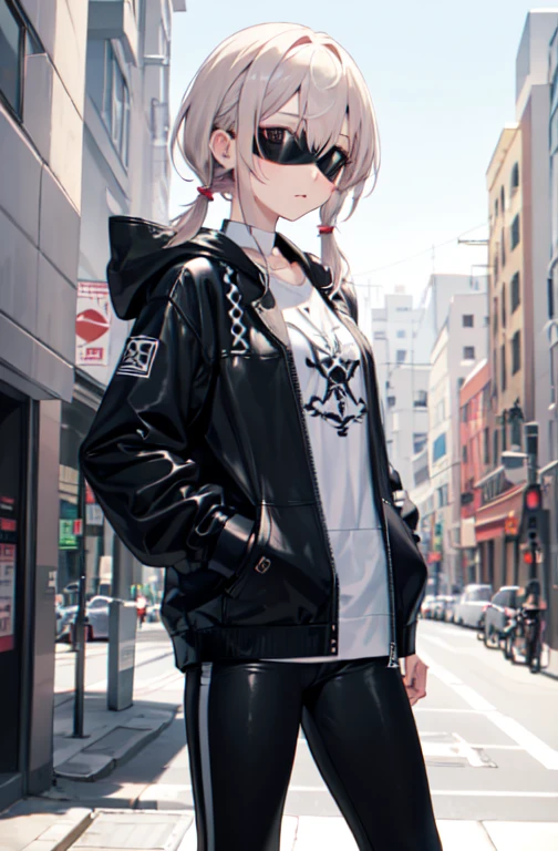 low twintails,, ultra detailed, masterpiece, best quality, aesthetic, detailed,, solo, 1girl, swept bangs, parted bangs, short hair, small breasts, (tsurime:1.2), (low twintails:1.35),, leggings, leather jacket, long shirt, combat boots, hoodie, blindfolded