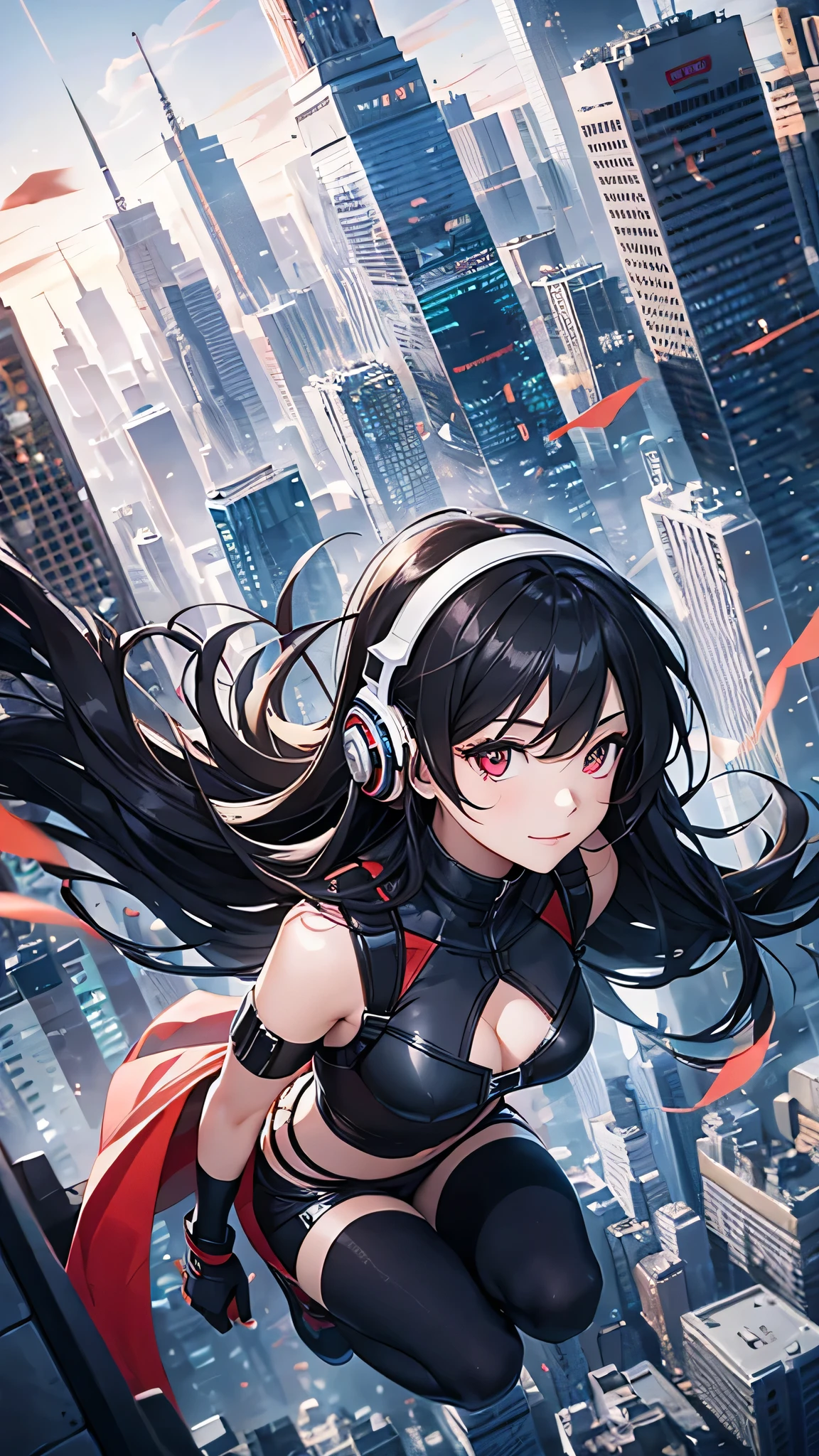 Highest quality、Highest quality、Masterpiece、girl((half、18-year-old、as soon as、Highest Bust、Medium Bust、Wide open chest、Red glowing eyes、Black Ear、Red Mesh、Disheveled Hair、Loincloth、thin、The best valley、Open chest、hair ornaments、Full body view、Black Suit、Random Pause、smile、headphone))、high quality、Beautiful Art、background((Collapsing Ground、no gravity、Floating Object、City of night、shooting star、universe))、flight、Flying Debris、Depth of text、movie、Visual Arts、Perfect Art、8K、Genuine、Special Angles
