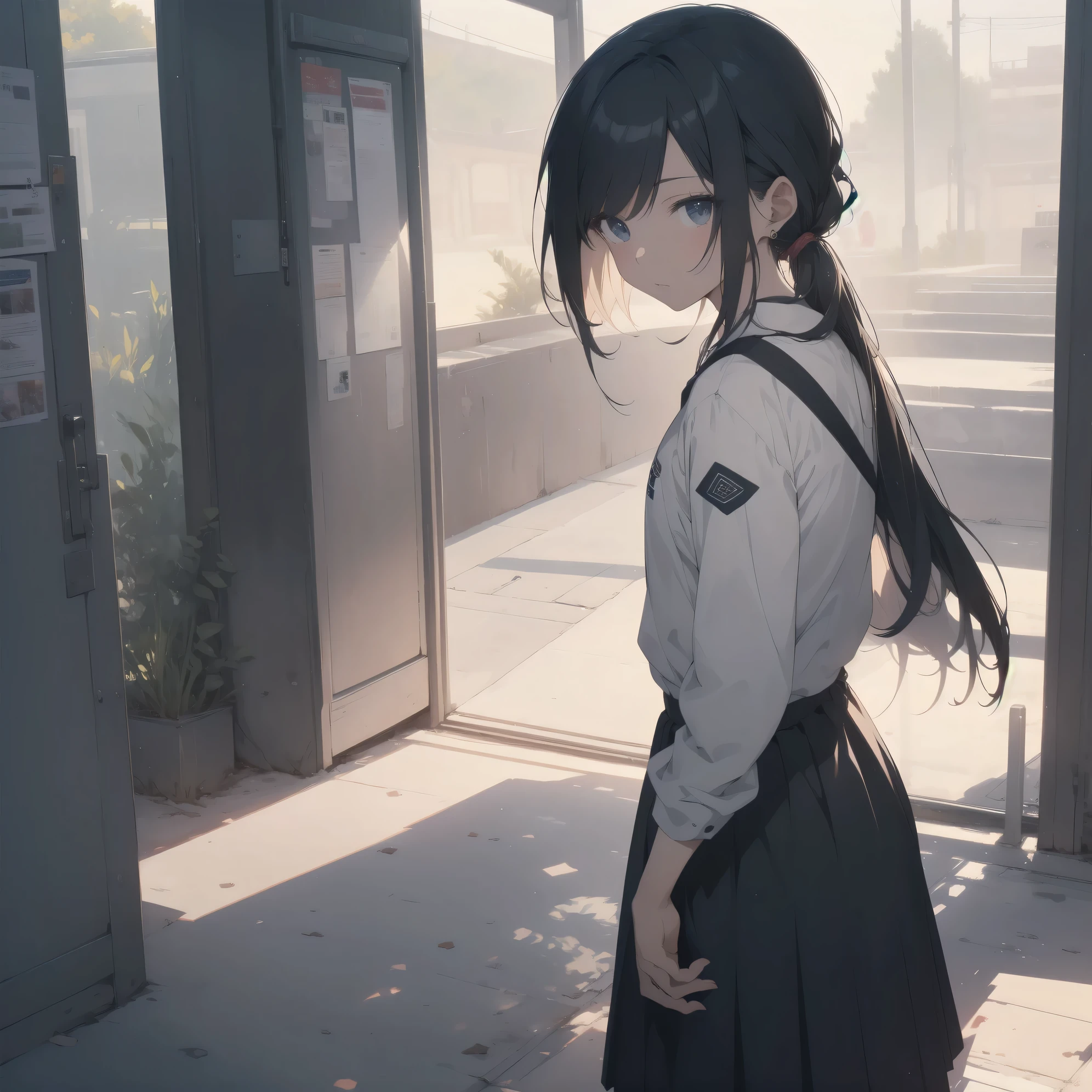 ultra-absurdres-Top quality by artist God, ultra-detailed, high resolution, anime moe artstyle, best anime 8k konachan wallpaper, pixiv contest winner, pool:2810, perfect anatomy,break, 1girl, (Please draw a girl walking sleepily to school alone. )break,(Solo,tomboy, dark-skinned female, 13-year-old:1.3),Full limbs, complete fingers, a junior high school student, androgynous charm, (very short hair, low ponytail), flat chest,slender body, Small butt, groin, small black eyes, beautiful detailed eyes, well-proportioned iris and pupils, expressive eyes, highres detailed hair, soft expression, jk,school_uniform, pleated skirt,(Detailed Lighting), (Detailed background), in the School commute route. break,super detailed skin, Best cinematic lighting powered by famous artist, 8k,beauty illustration,photoshop_(medium),very aesthetic,break,((artist:shino_(ponjiyuusu) )), artist:shinkai_makoto , artist:kantoku , artist:minaba_hideo ,